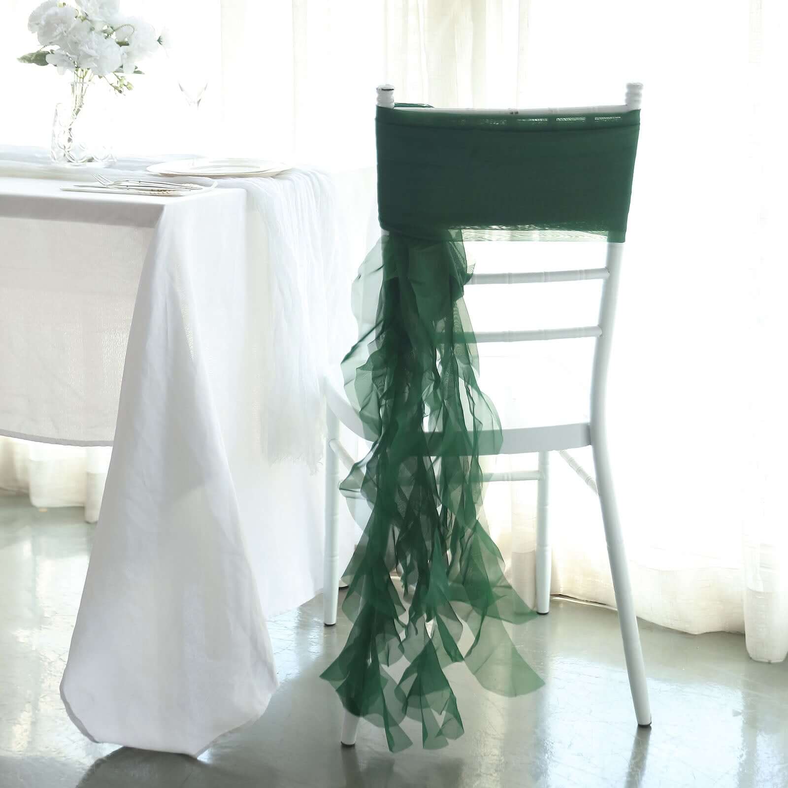 1 Set Chiffon Hoods Chair Sashes with Willow Ruffles Hunter Emerald Green - Graceful Decorative Accent - Image 3