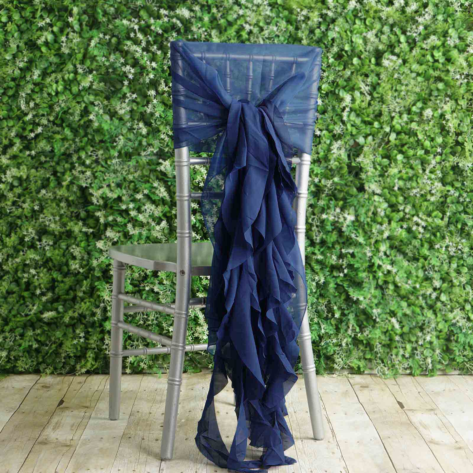 1 Set Chiffon Hoods Chair Sashes with Willow Ruffles Navy Blue - Graceful Decorative Accent - Image 2