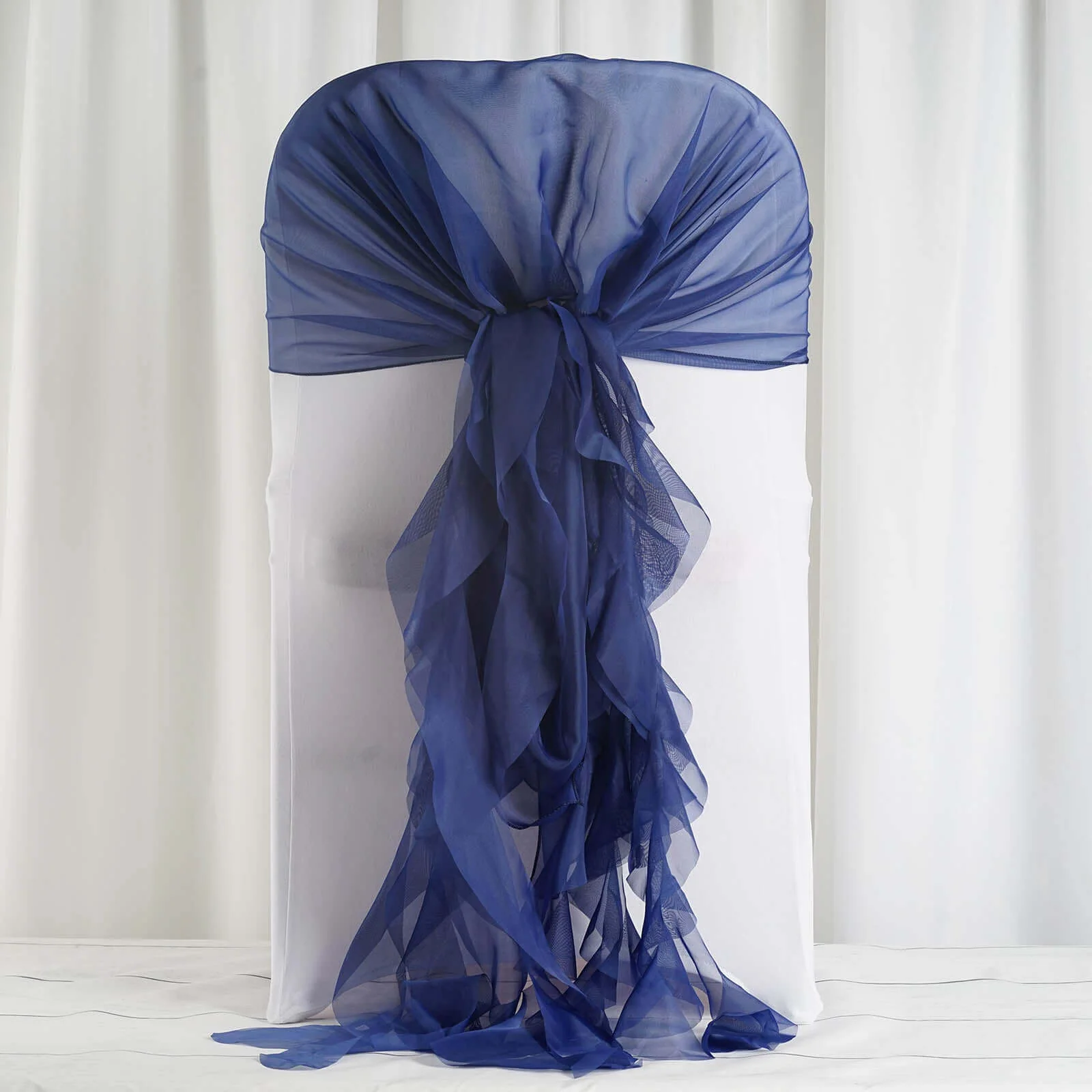 1 Set Chiffon Hoods Chair Sashes with Willow Ruffles Navy Blue - Graceful Decorative Accent - Image 3
