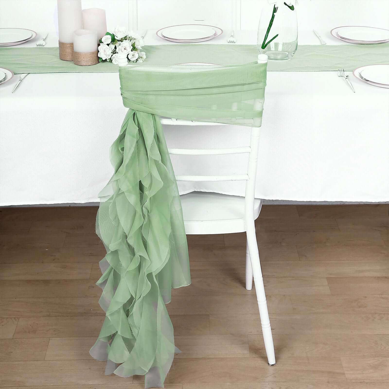 1 Set Chiffon Hoods Chair Sashes with Willow Ruffles Sage Green - Graceful Decorative Accent - Image 3