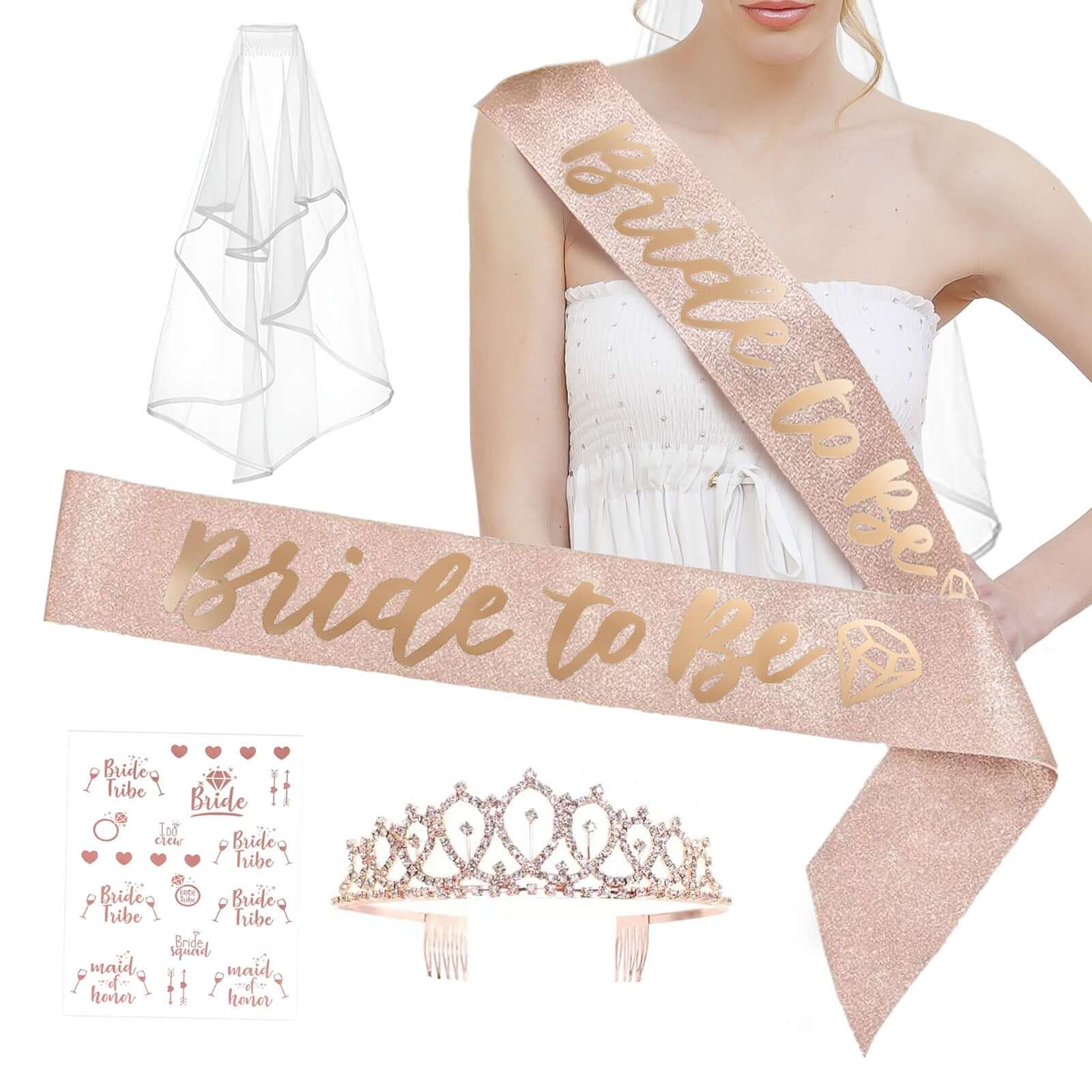 1 Set Rose Gold Bachelorette Party Decoration Supplies Kit, White Bridal Veil, Tiara Crown, Glittered Bride To Be Sash, & Stickers - Image 2