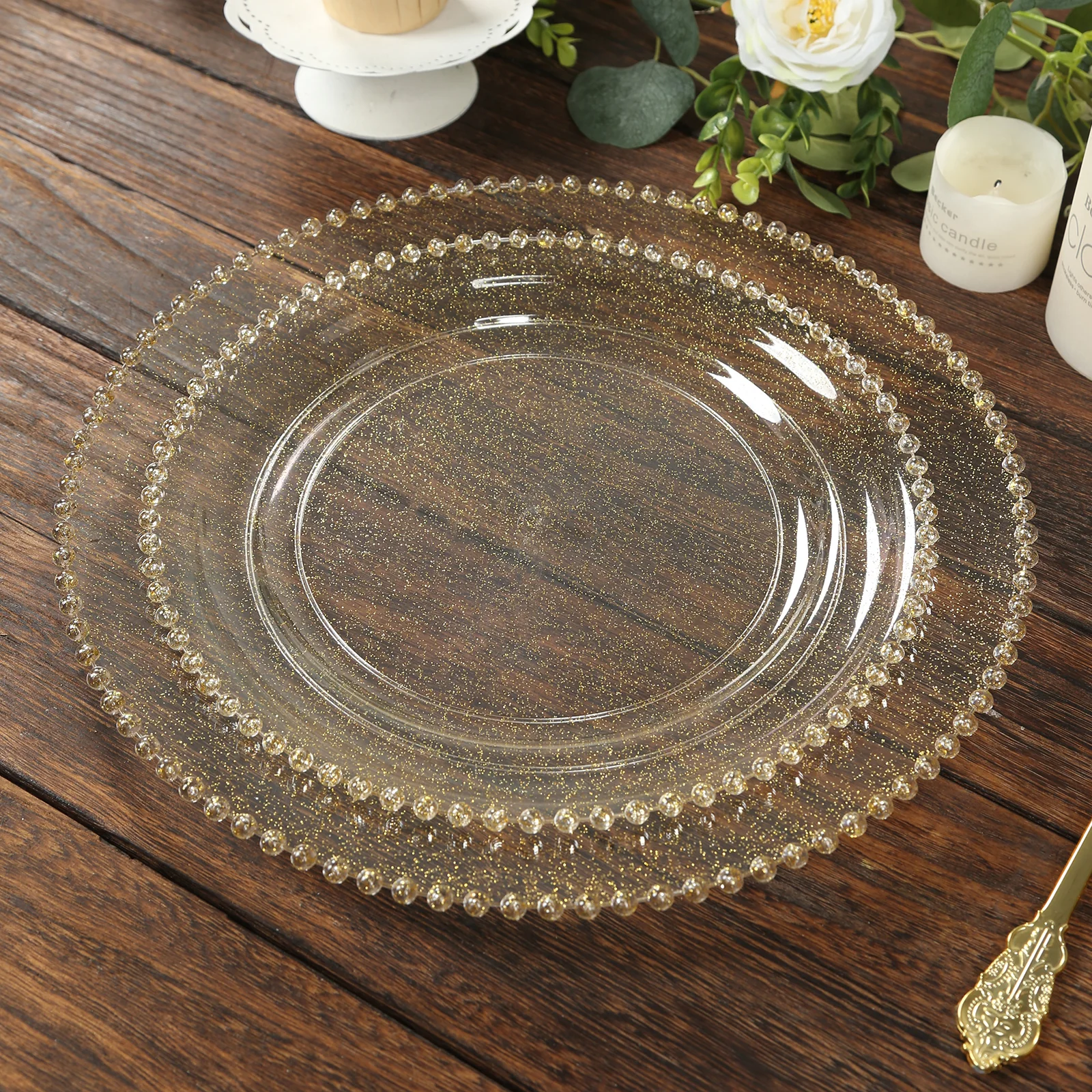 10-Pack Plastic Round Dinner Plates 10" Clear Gold Glittered with Beaded Rim - Disposable Party Plates