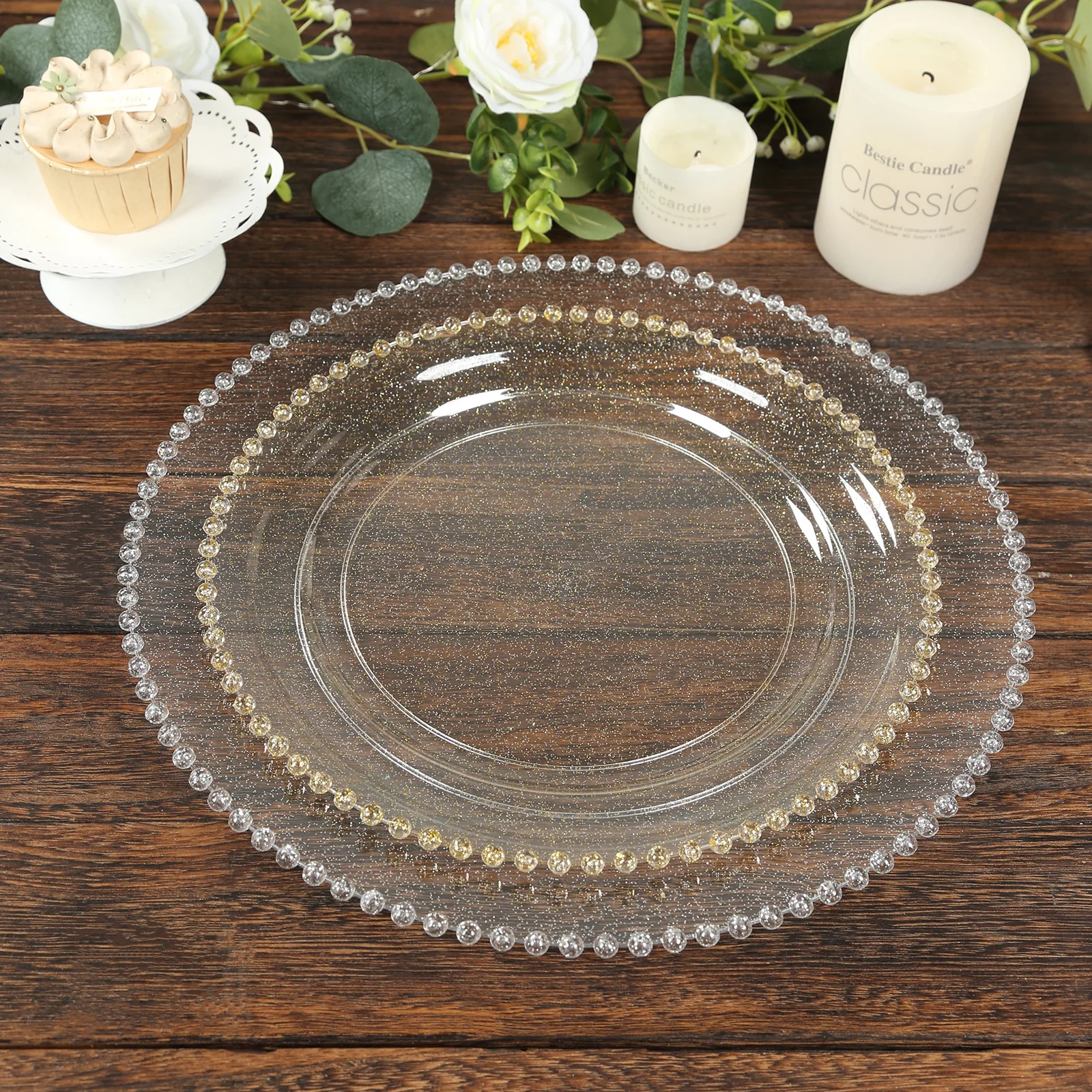 10-Pack Plastic Round Dinner Plates 10" Clear Gold Glittered with Beaded Rim - Disposable Party Plates - Image 6