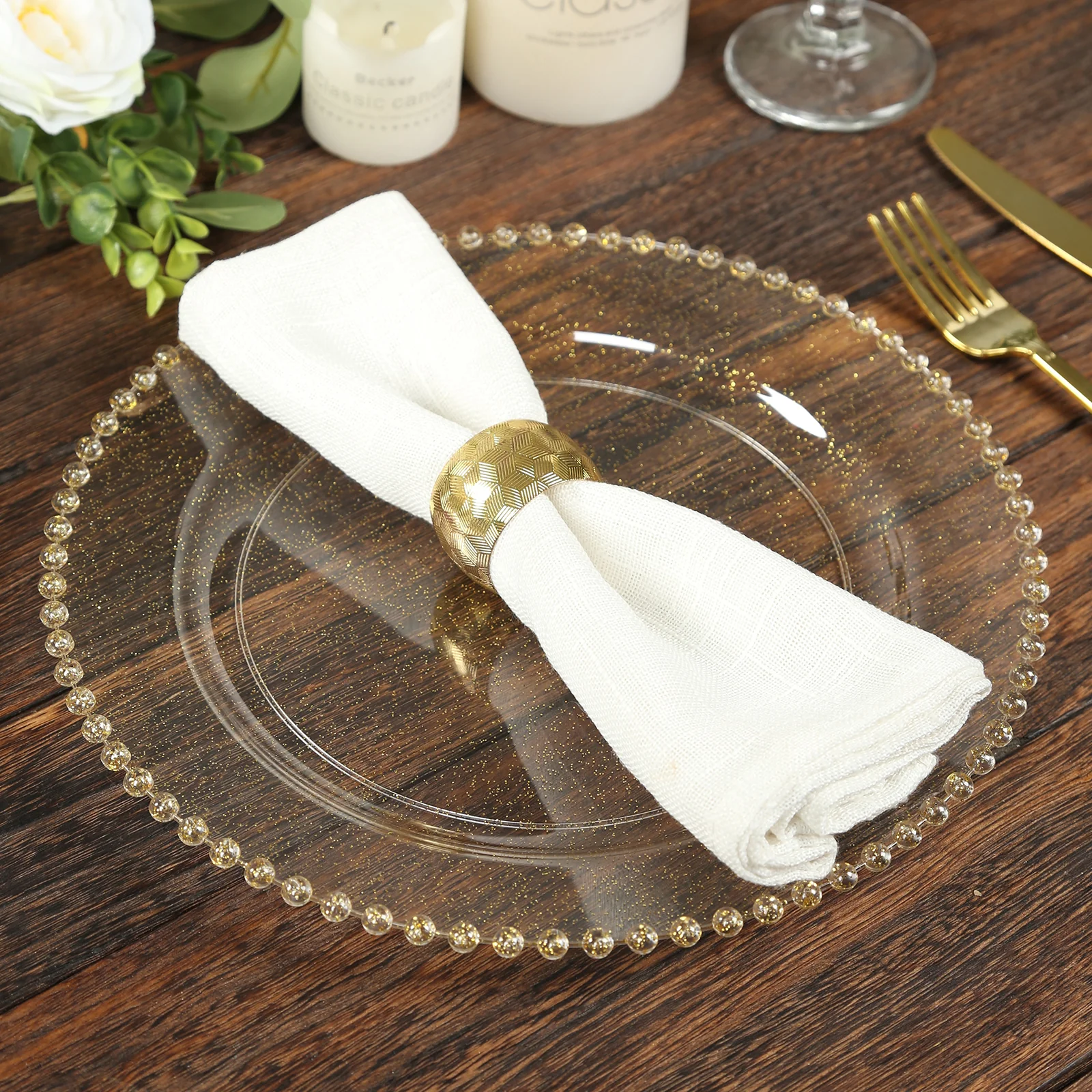 10-Pack Plastic Round Dinner Plates 10" Clear Gold Glittered with Beaded Rim - Disposable Party Plates - Image 7
