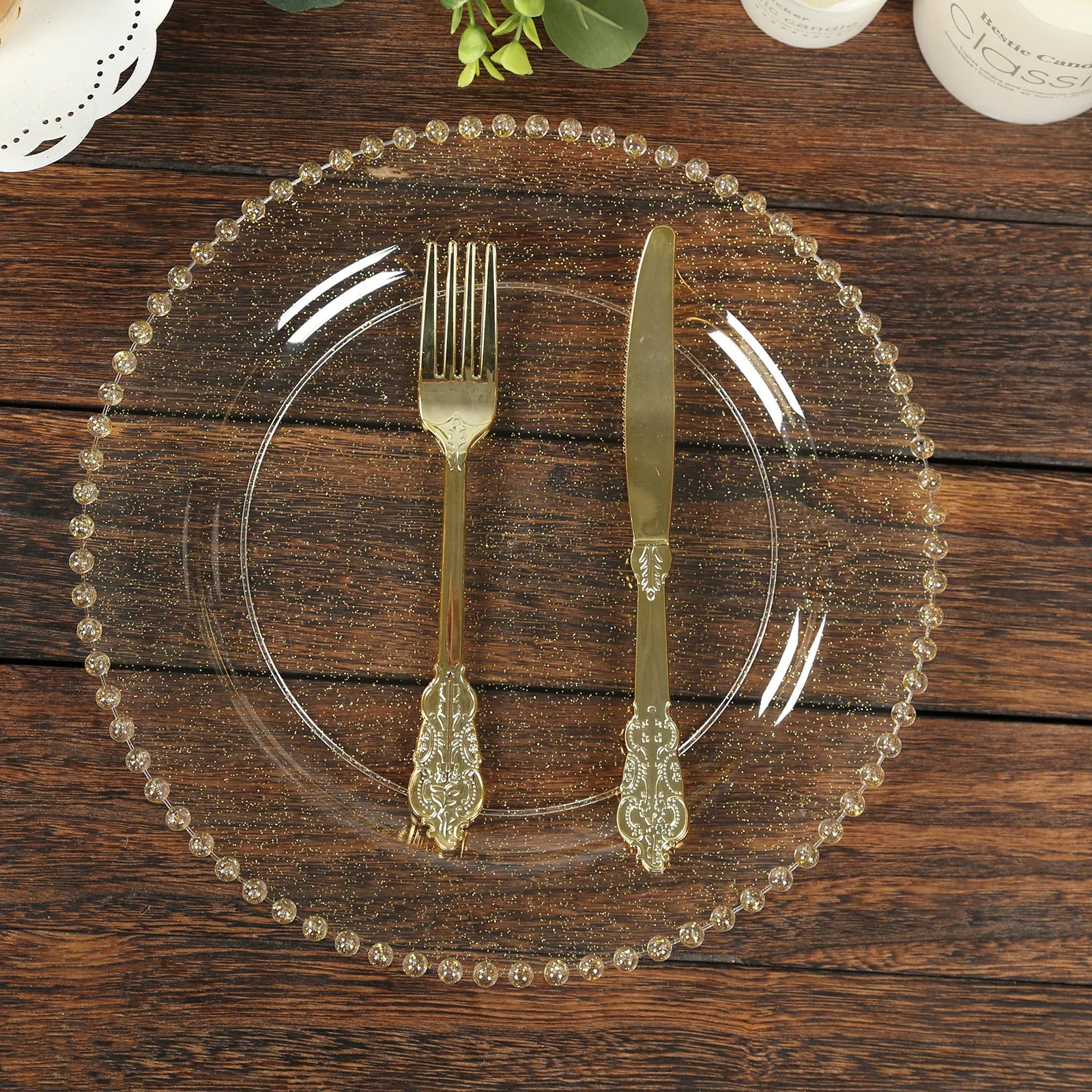 10-Pack Plastic Round Dinner Plates 10" Clear Gold Glittered with Beaded Rim - Disposable Party Plates - Image 8