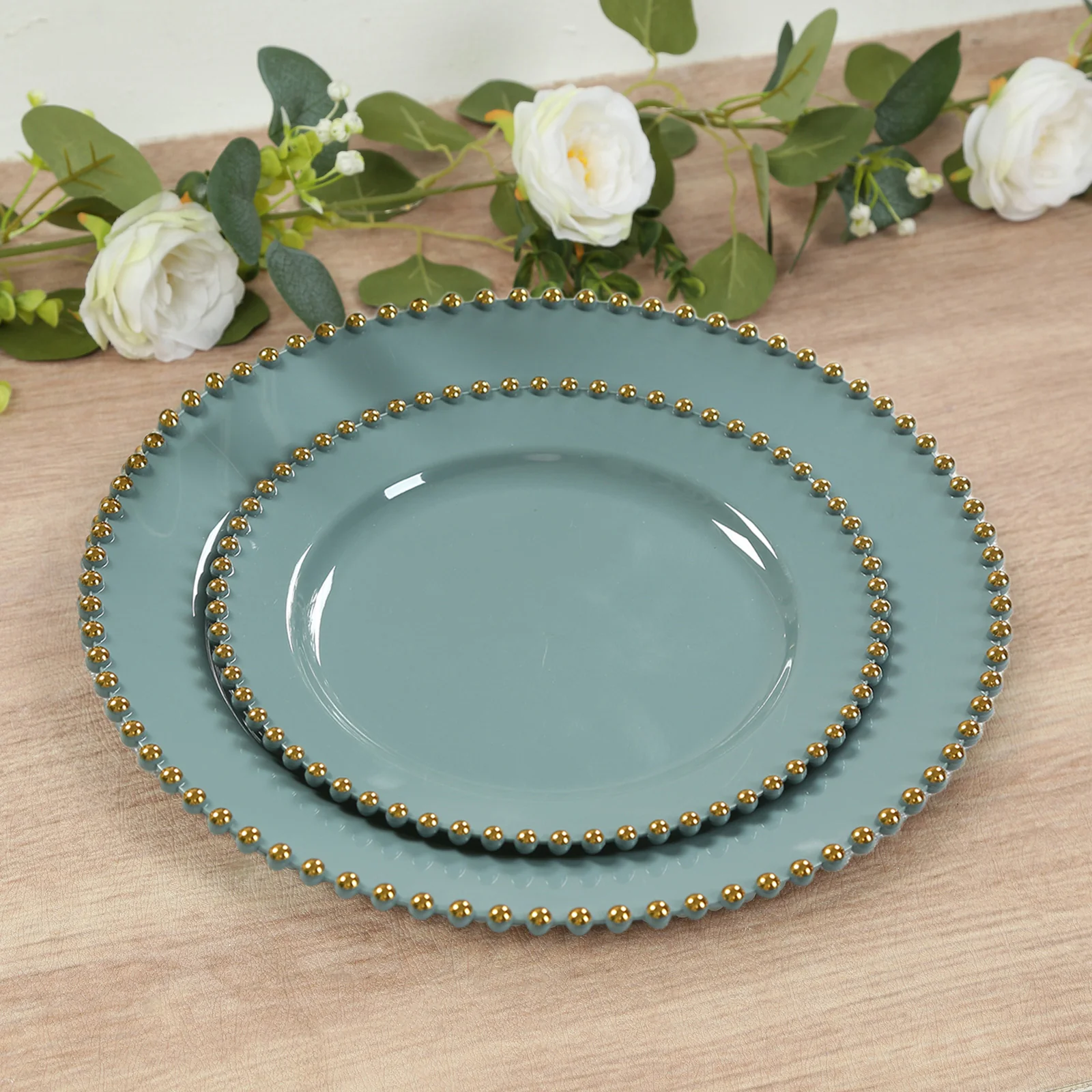 10-Pack Plastic Round Dinner Plates 10" Dusty Blue with Gold Beaded Rim - Disposable Party Plates for Stylish Gatherings & Celebrations - Image 7