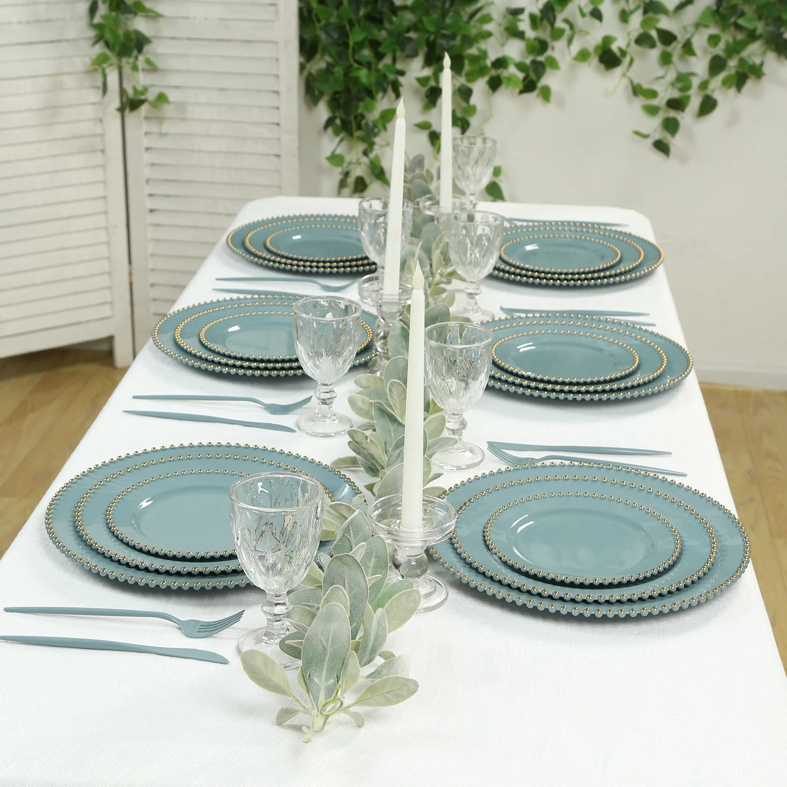 10-Pack Plastic Round Dinner Plates 10" Dusty Blue with Gold Beaded Rim - Disposable Party Plates for Stylish Gatherings & Celebrations - Image 8