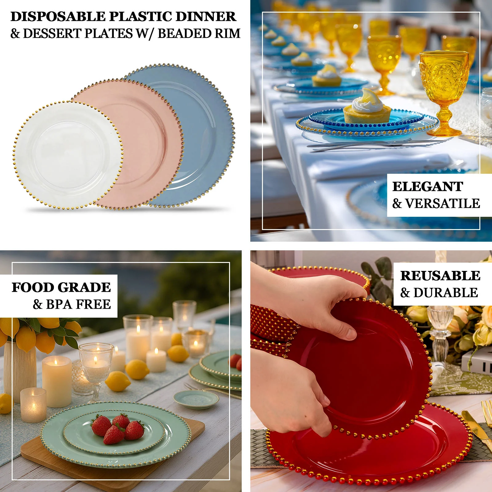 10-Pack Plastic Round Dinner Plates 10" Dusty Rose with Gold Beaded Rim - Disposable Party Plates for Stylish Gatherings & Celebrations - Image 3