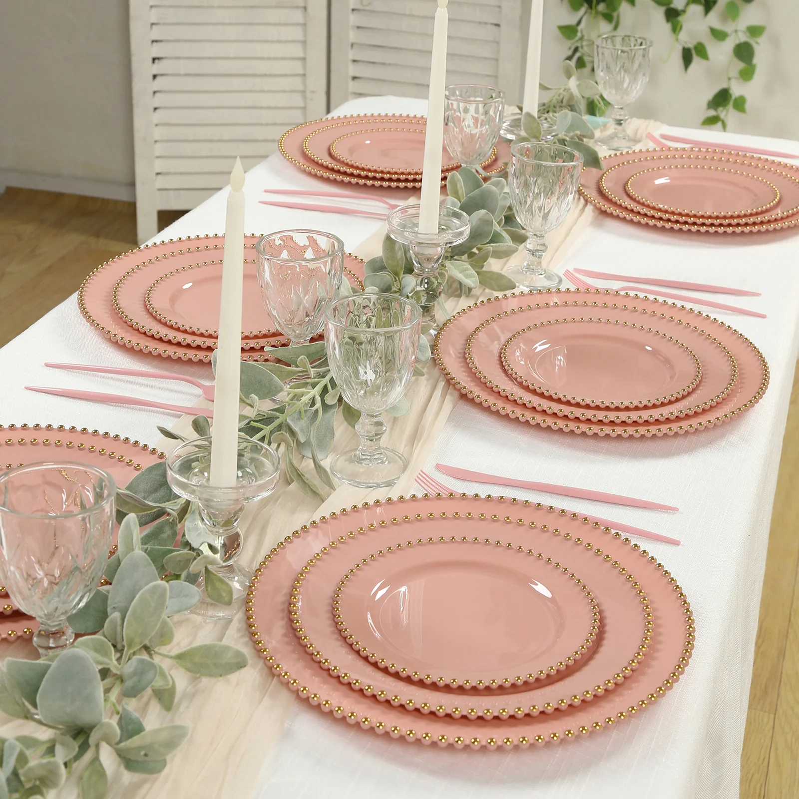 10-Pack Plastic Round Dinner Plates 10" Dusty Rose with Gold Beaded Rim - Disposable Party Plates for Stylish Gatherings & Celebrations - Image 8