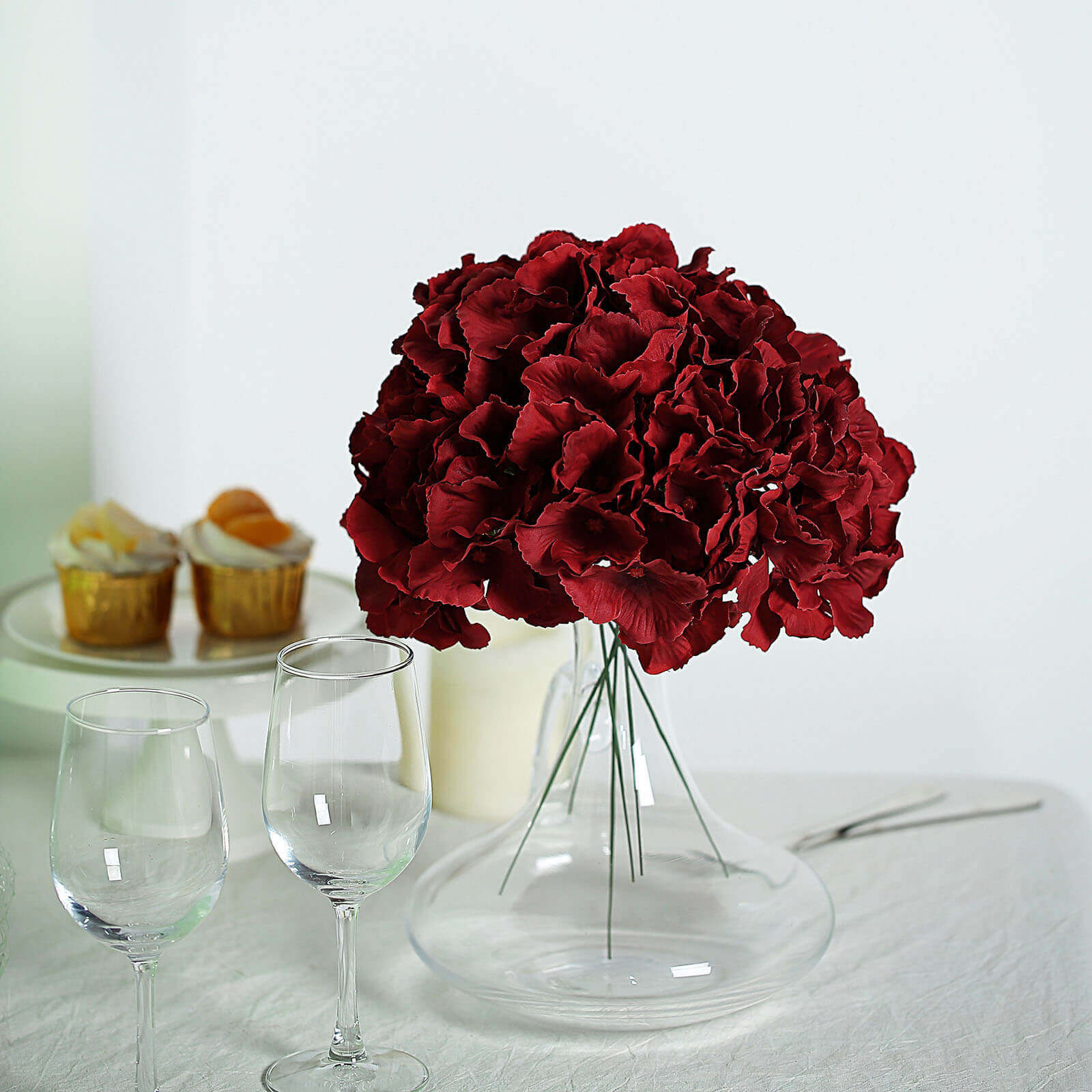 10 Flower Head and Stems Burgundy Artificial Satin Hydrangeas, DIY Arrangement - Image 6
