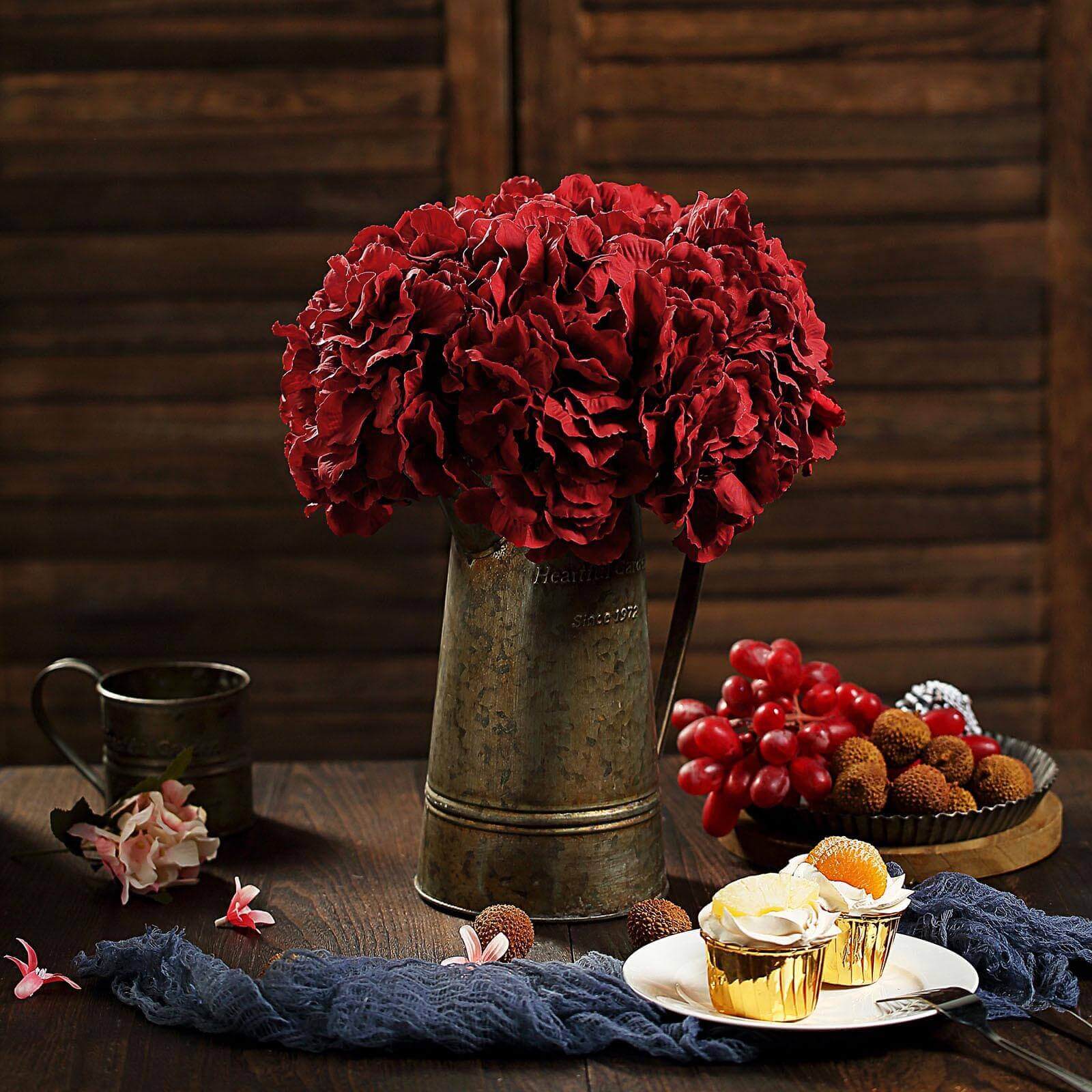 10 Flower Head and Stems Burgundy Artificial Satin Hydrangeas, DIY Arrangement - Image 7