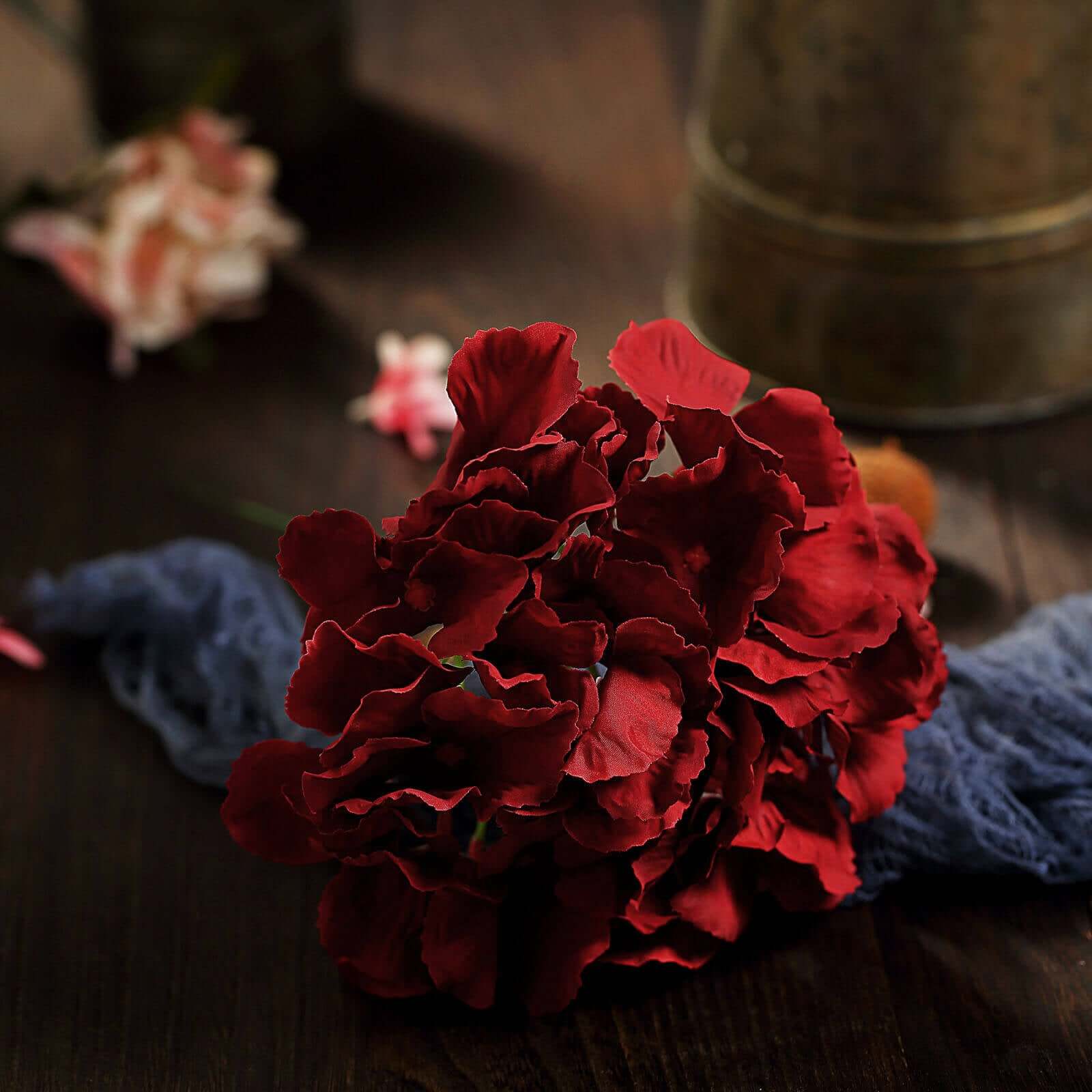 10 Flower Head and Stems Burgundy Artificial Satin Hydrangeas, DIY Arrangement - Image 8
