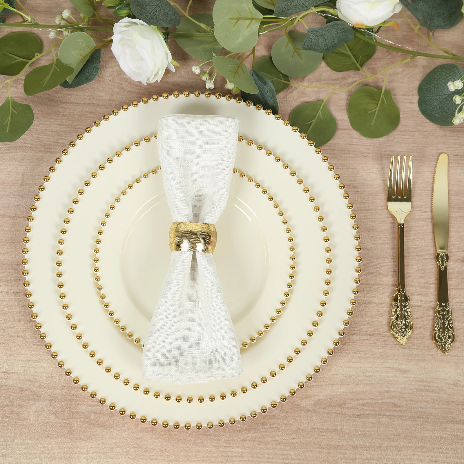 10-Pack Plastic Round Dinner Plates 10" Ivory with Gold Beaded Rim - Disposable Party Plates for Stylish Gatherings & Celebrations - Image 9
