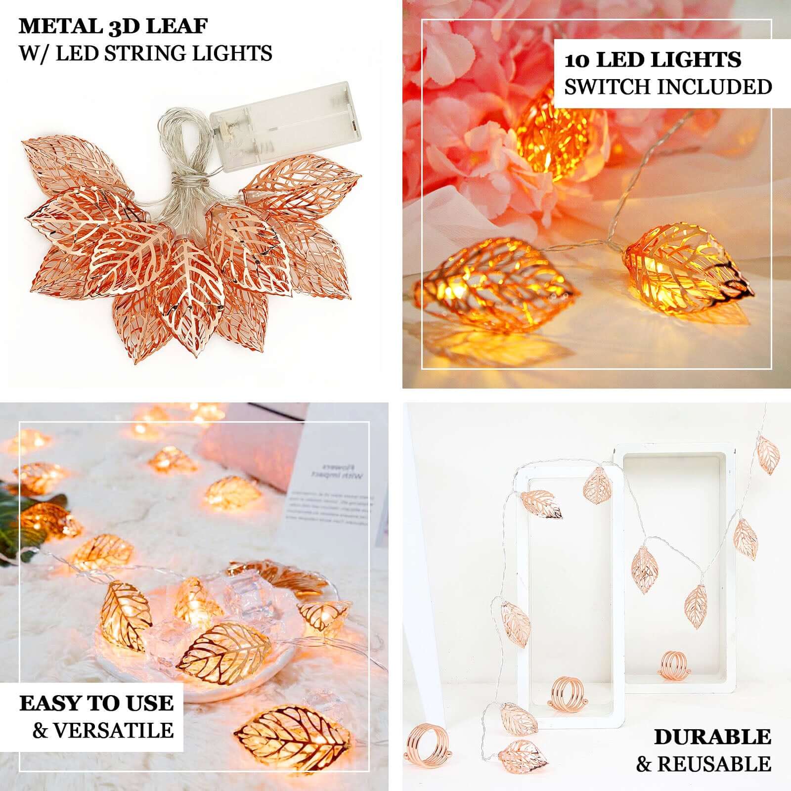 10 LED Rose Gold Leaves String Light Garland 5ft Warm White - Battery Operated Decorative Lighting - Image 4