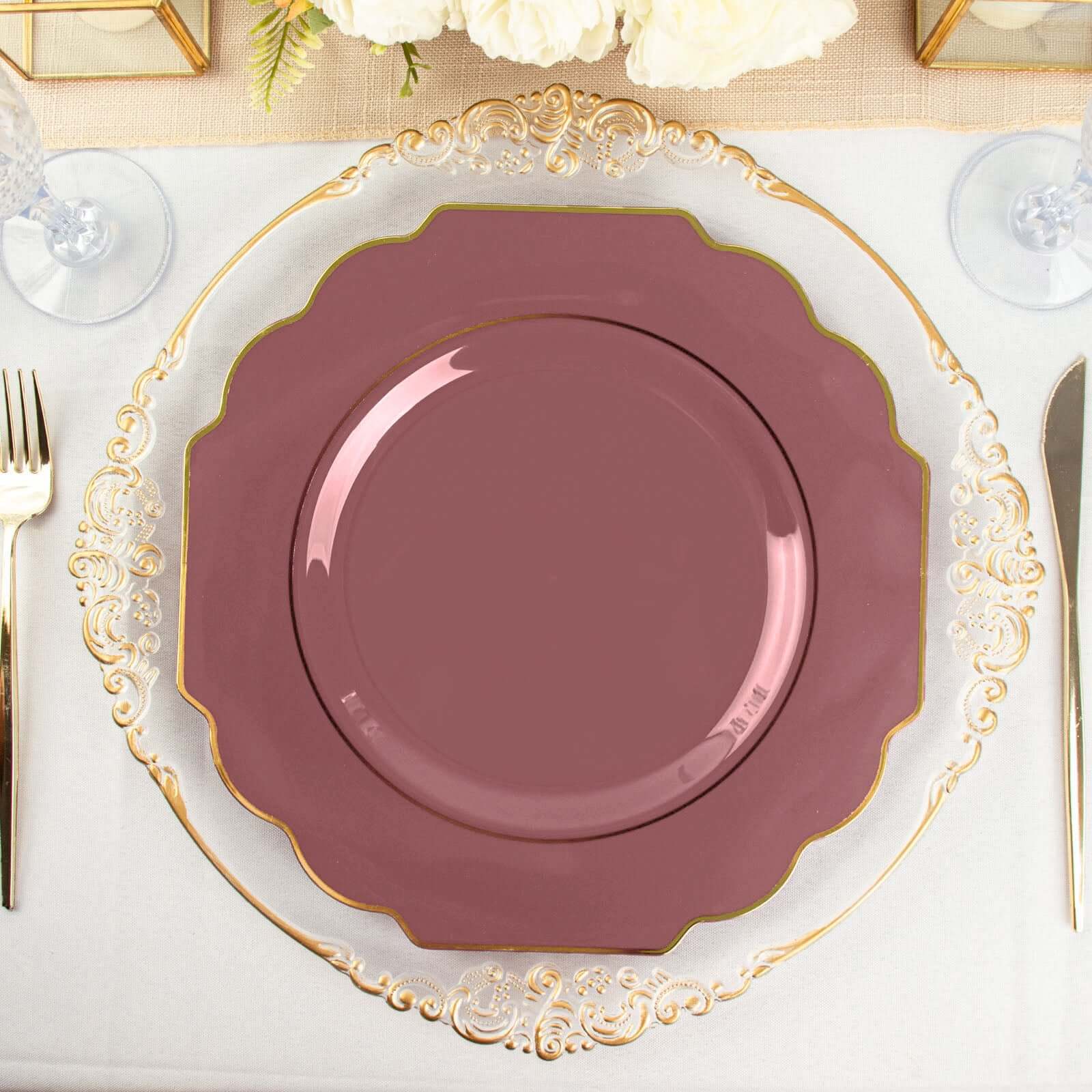 10 Pack Cinnamon Rose Hard Plastic Baroque Dinner Plates with Gold Rim, Heavy Duty Disposable Dinnerware 11" - Image 6