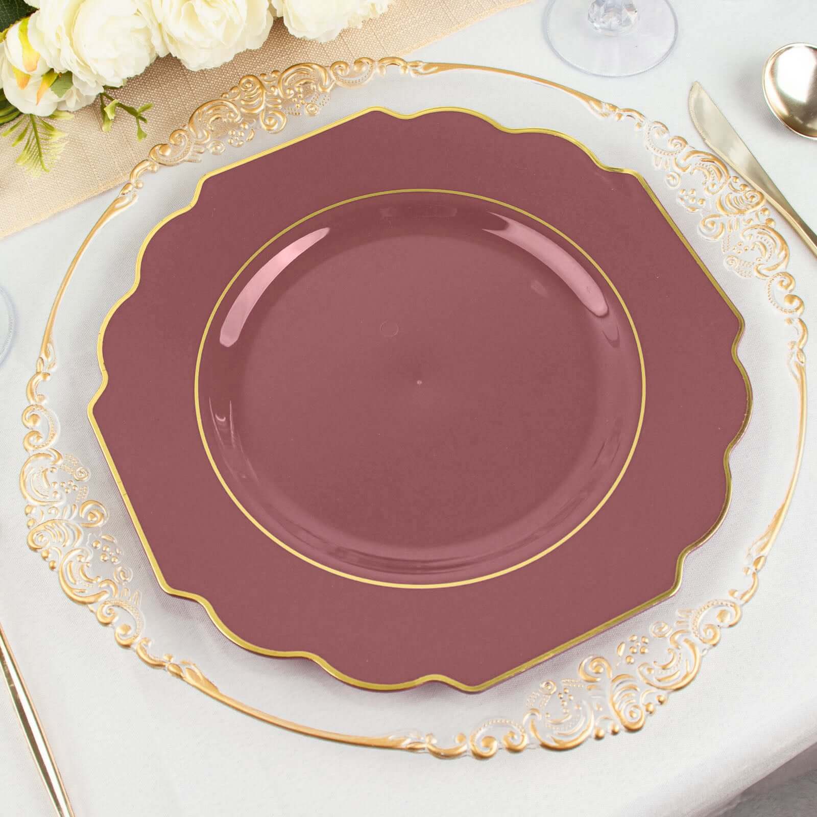 10 Pack Cinnamon Rose Hard Plastic Baroque Dinner Plates with Gold Rim, Heavy Duty Disposable Dinnerware 11" - Image 8