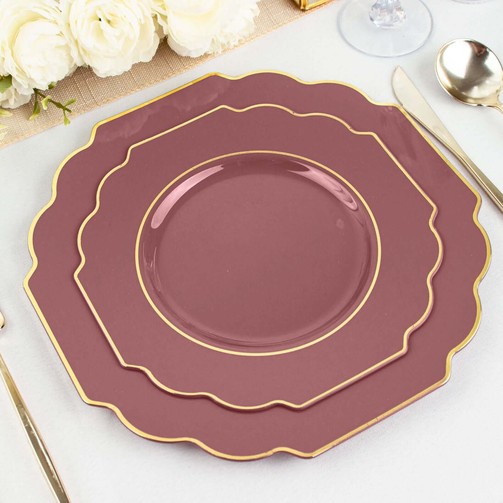 10 Pack Cinnamon Rose Hard Plastic Baroque Dinner Plates with Gold Rim, Heavy Duty Disposable Dinnerware 11" - Image 9