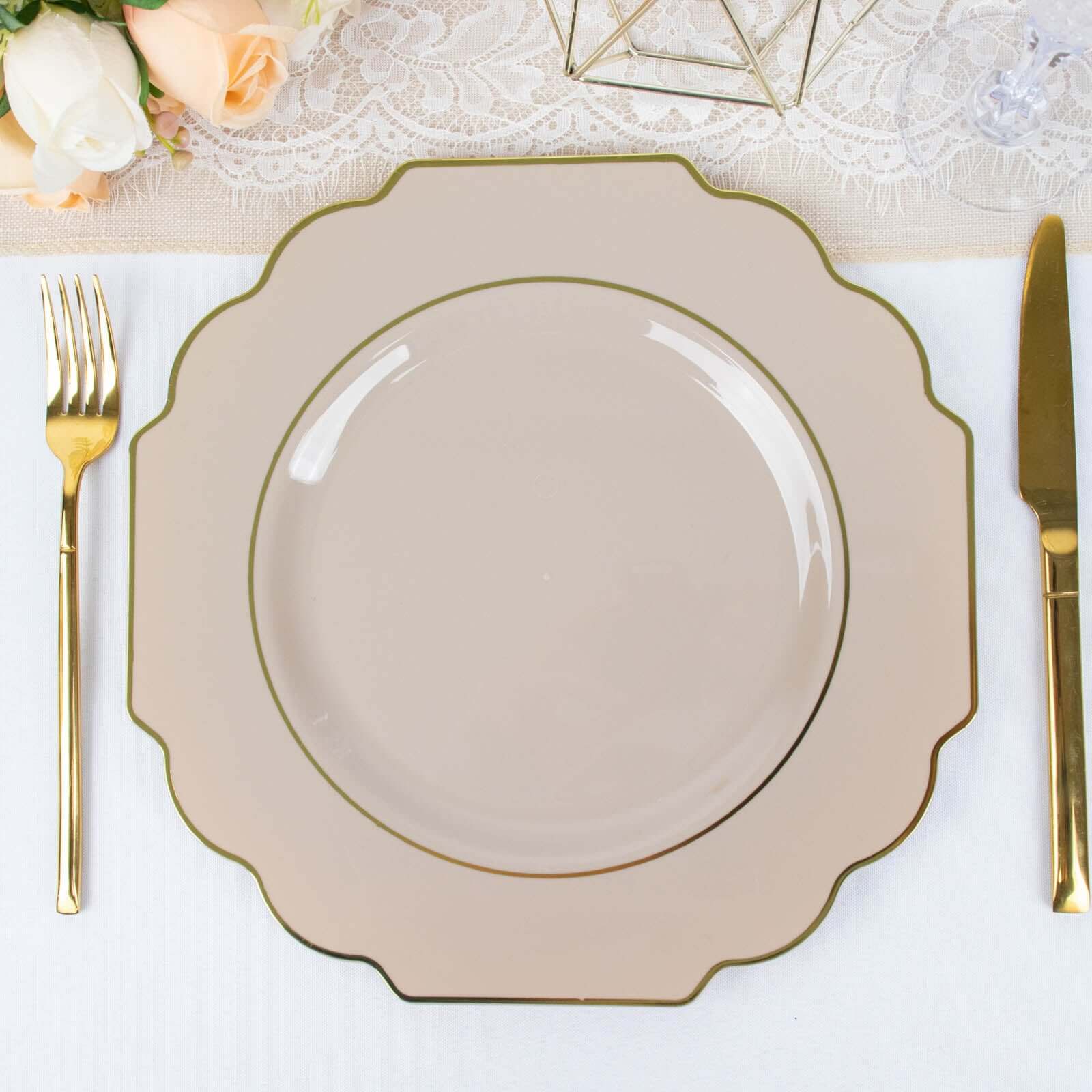 10 Pack Taupe Hard Plastic Baroque Dinner Plates with Gold Rim, Heavy Duty Disposable Dinnerware 11" - Image 8