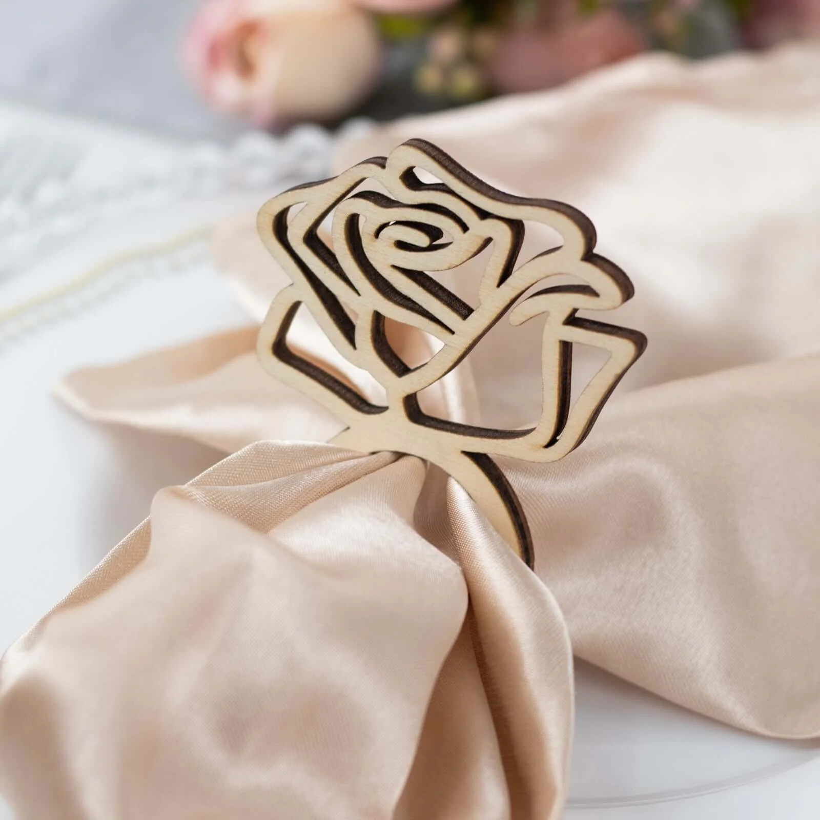 10 Pack Natural Wood Laser Cut Rose Design Boho Napkin Rings, Rustic Farmhouse Napkin Holders 4" - Image 11