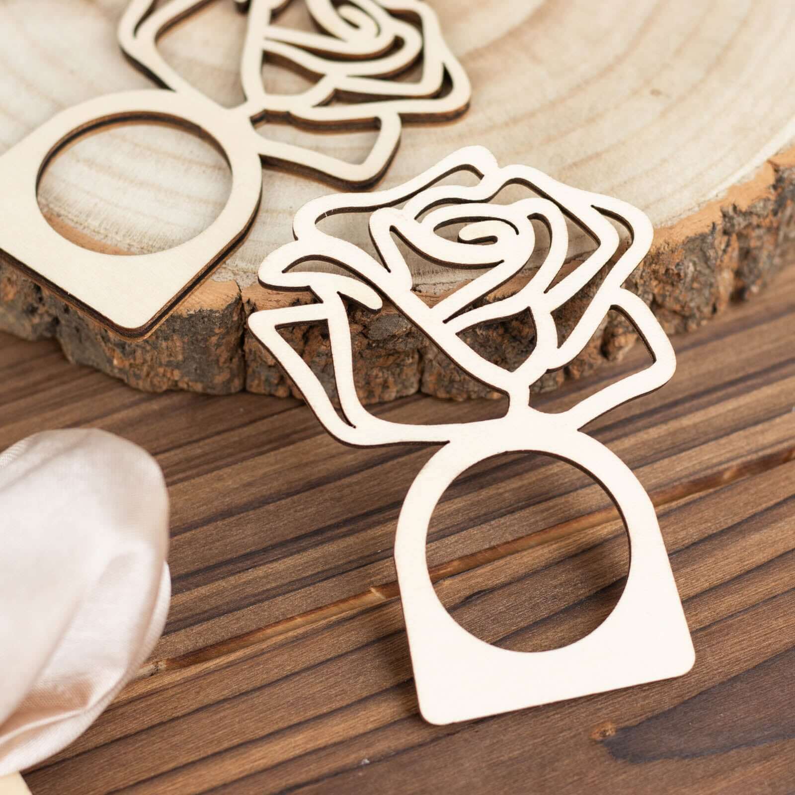 10 Pack Natural Wood Laser Cut Rose Design Boho Napkin Rings, Rustic Farmhouse Napkin Holders 4" - Image 2