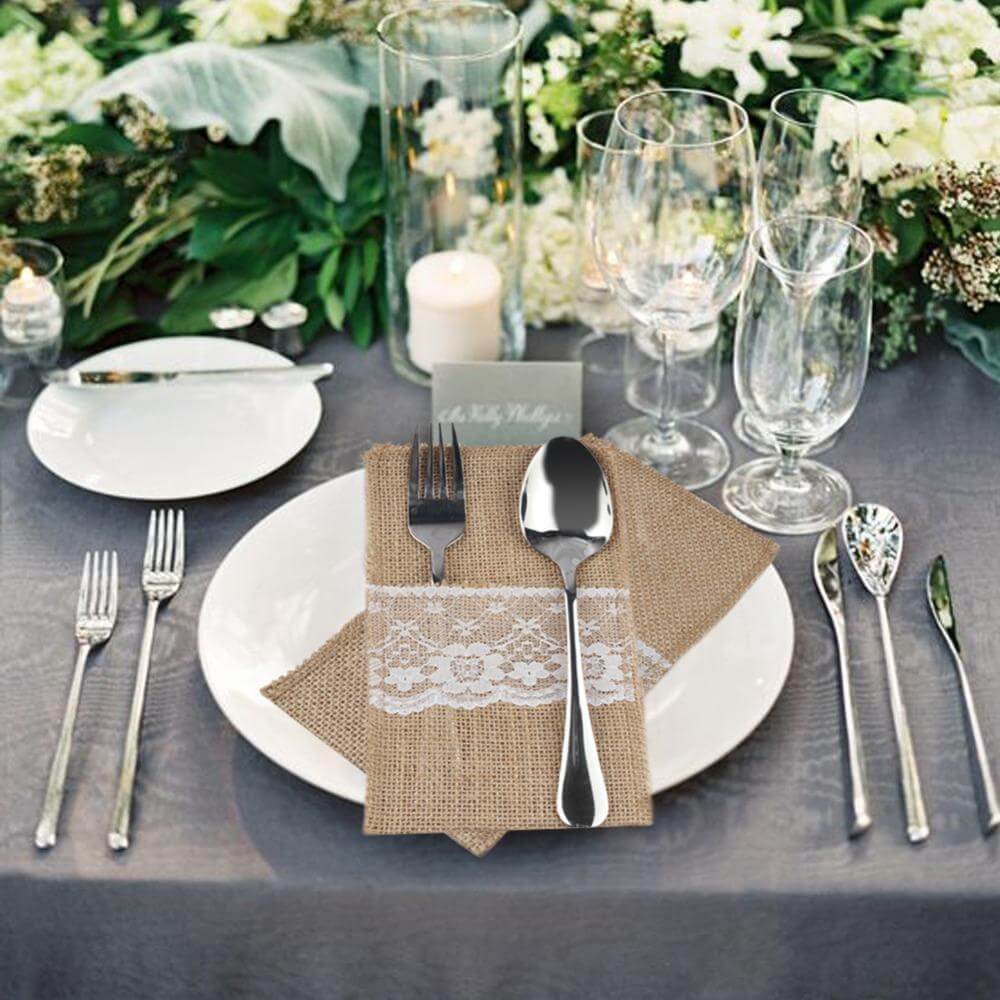 10 Pack Natural Burlap/Lace Single Set Silverware Holder Pouch 4"x8" - Image 2