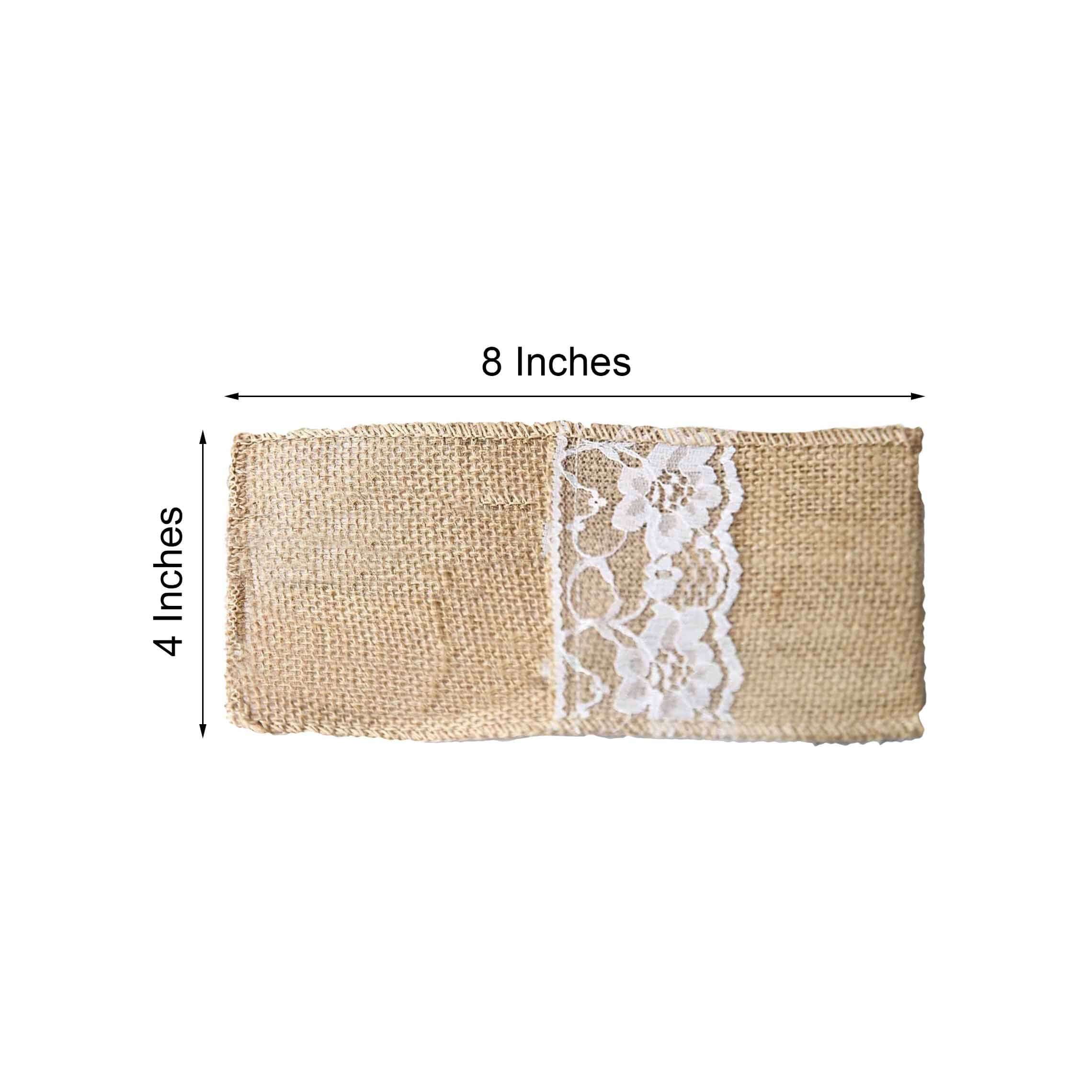 10 Pack Natural Burlap/Lace Single Set Silverware Holder Pouch 4"x8" - Image 3