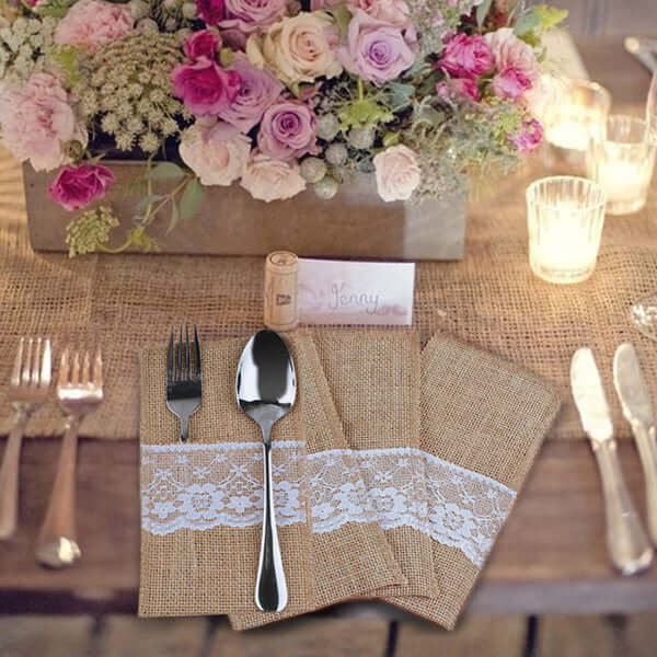 10 Pack Natural Burlap/Lace Single Set Silverware Holder Pouch 4"x8" - Image 4