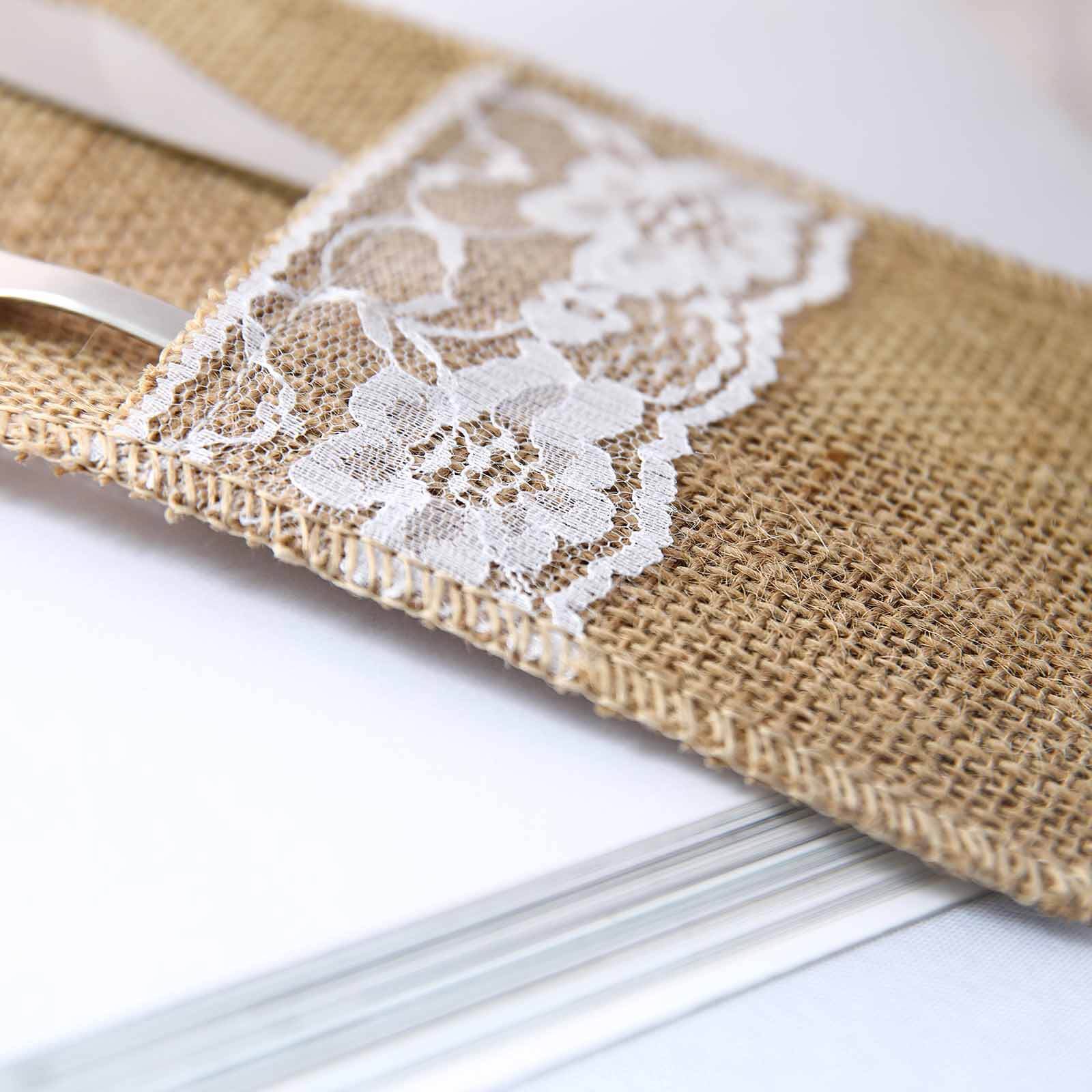 10 Pack Natural Burlap/Lace Single Set Silverware Holder Pouch 4"x8" - Image 5