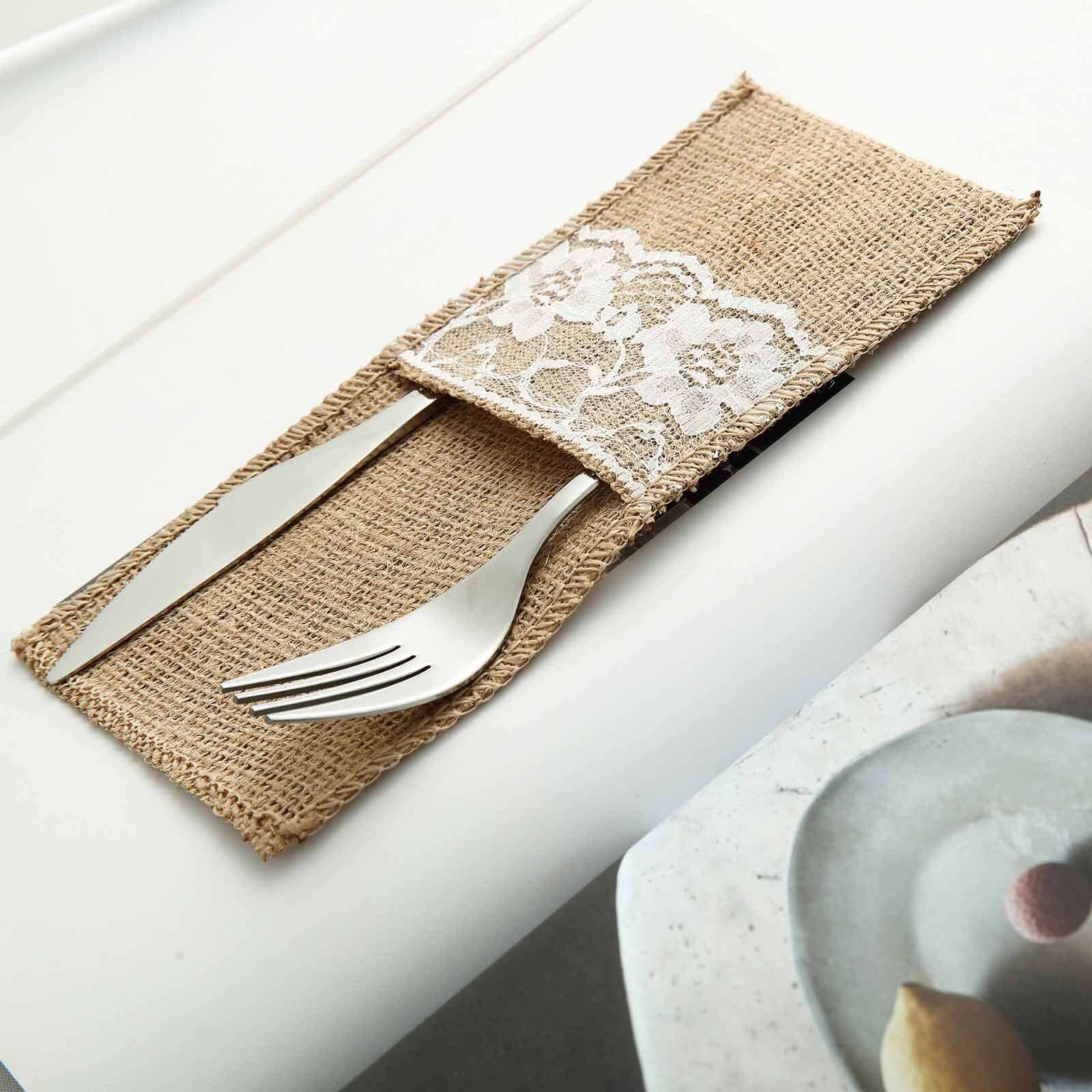 10 Pack Natural Burlap/Lace Single Set Silverware Holder Pouch 4"x8" - Image 8