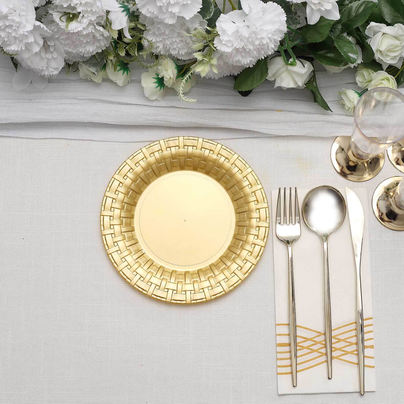 10 Pack Gold Basketweave Rim Plastic Salad Dessert Plates, Round Disposable Appetizer Plates 7" - Image 11