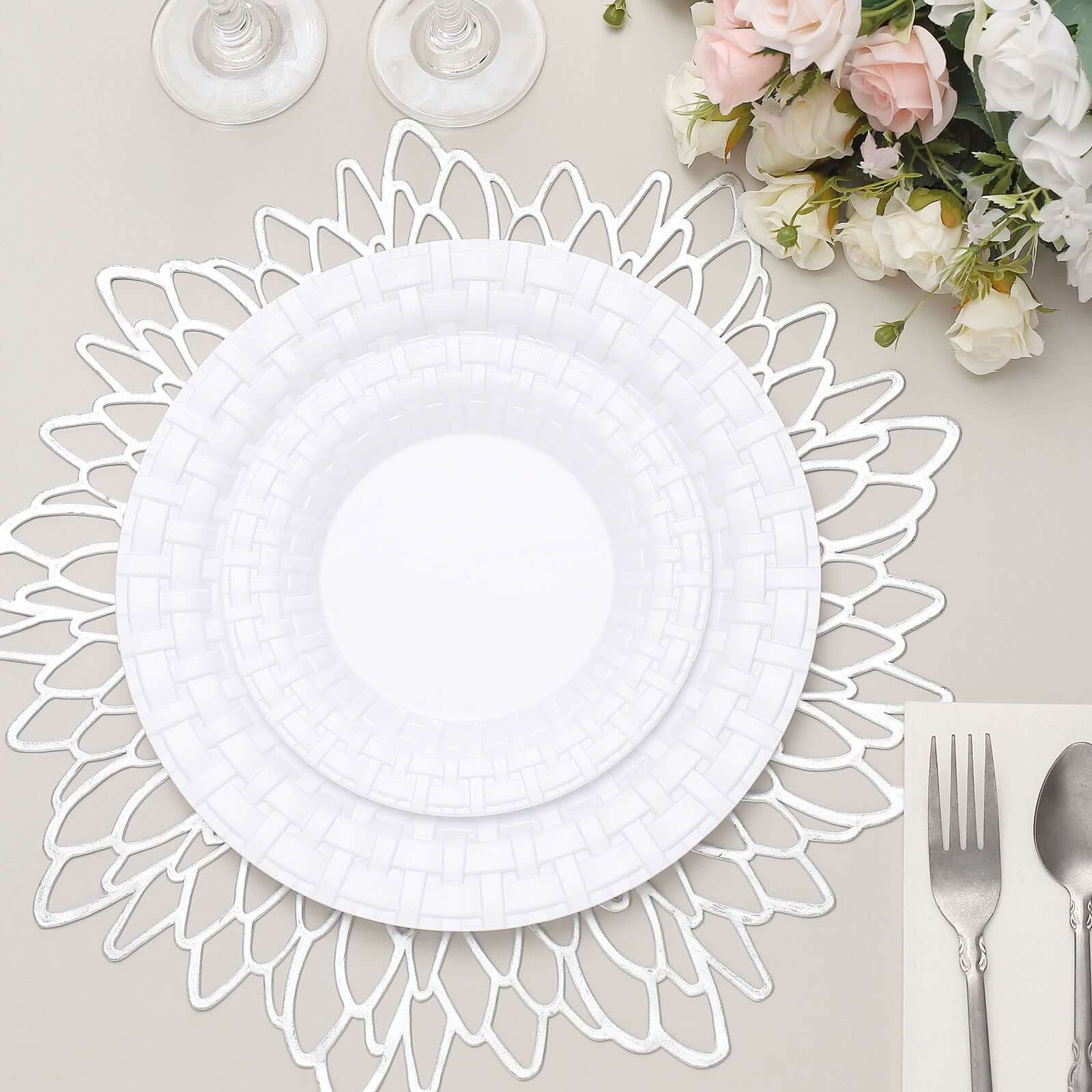 10 Pack White Basketweave Rim Plastic Salad Dessert Plates, Round Disposable Appetizer Plates 7" - Image 11