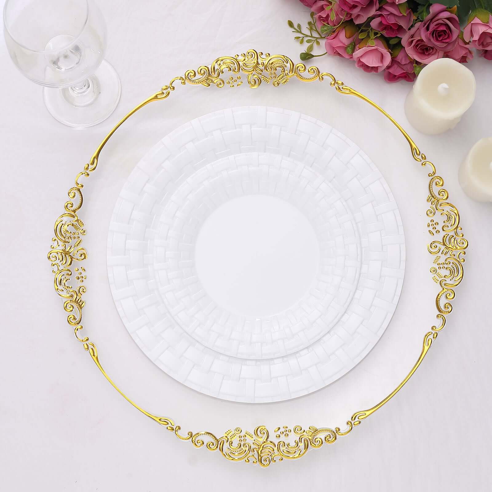 10 Pack White Basketweave Rim Plastic Salad Dessert Plates, Round Disposable Appetizer Plates 7" - Image 2