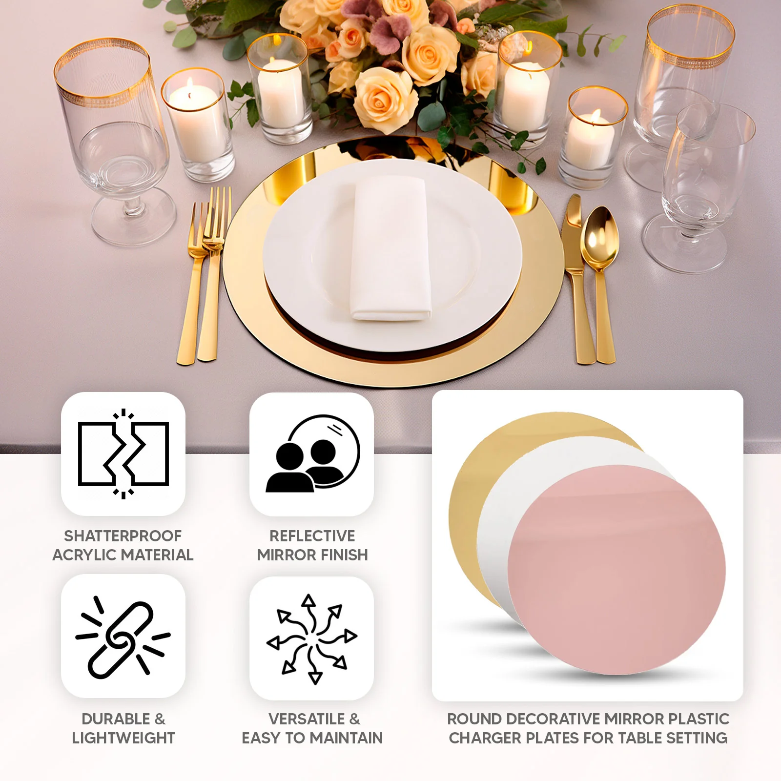 10-Pack Acrylic Charger Plates 13" Round Gold Mirror - Lightweight Decorative Dining Plates - Image 4