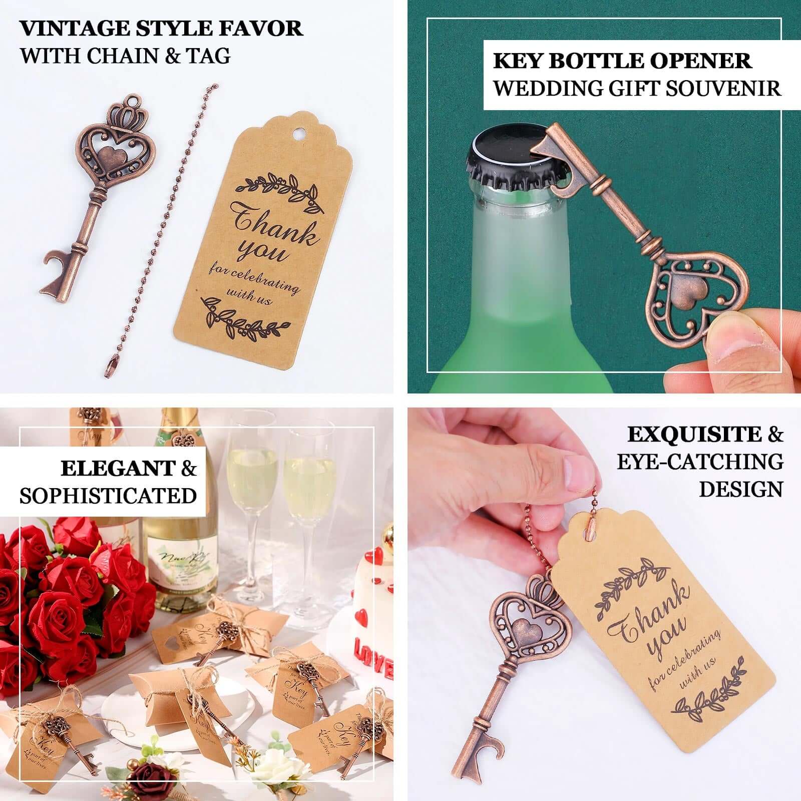 10 Pack Antique Gold Skeleton Key Bottle Opener Party Favors Wedding Souvenirs, Vintage Wedding Bridal Shower Favors With Tag Card & Chain - Image 4