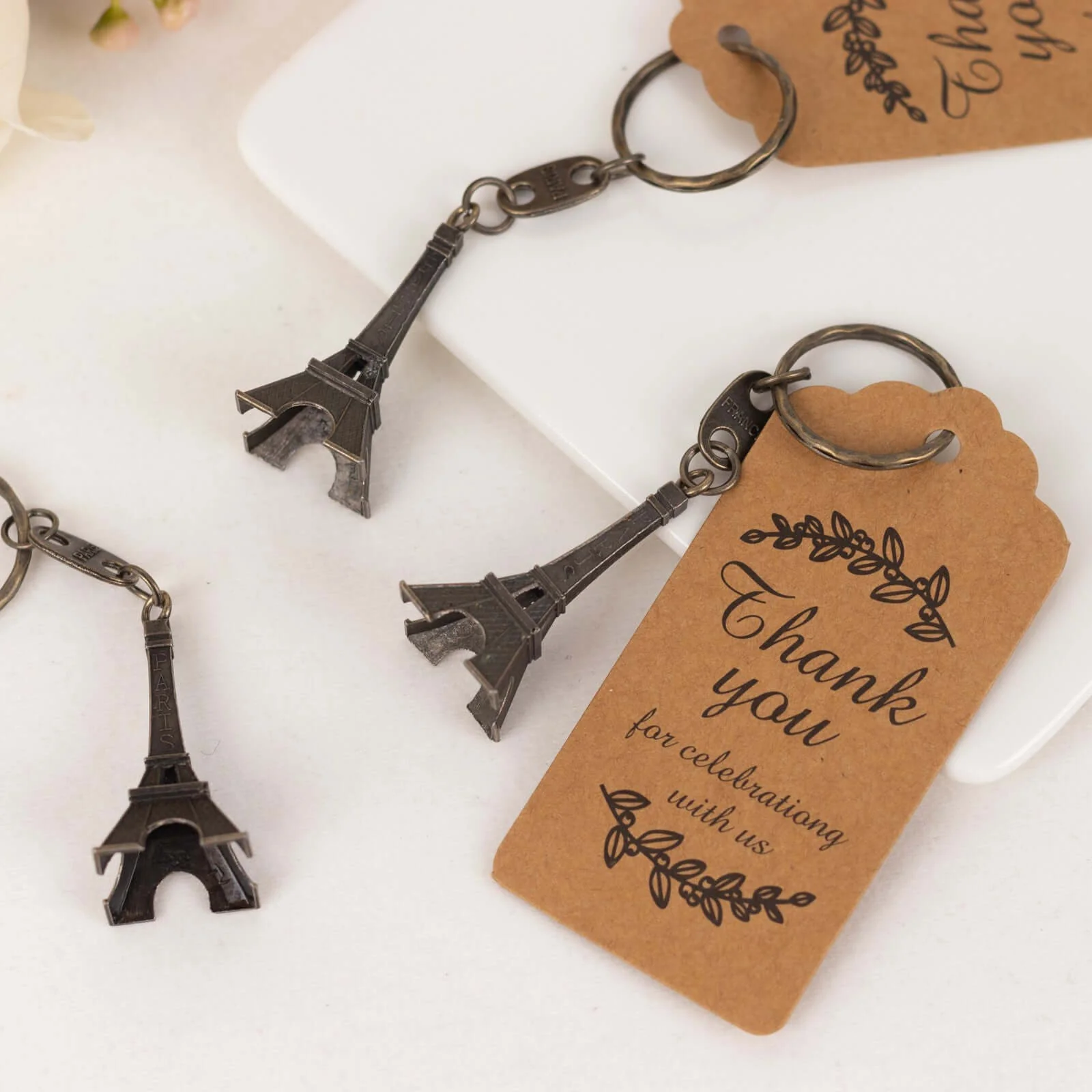 10 Pack Bronze Plastic Paris Eiffel Tower Keychain Party Favor, Wedding Bridal Shower Souvenirs With Thank You Tag - 4" - Image 7