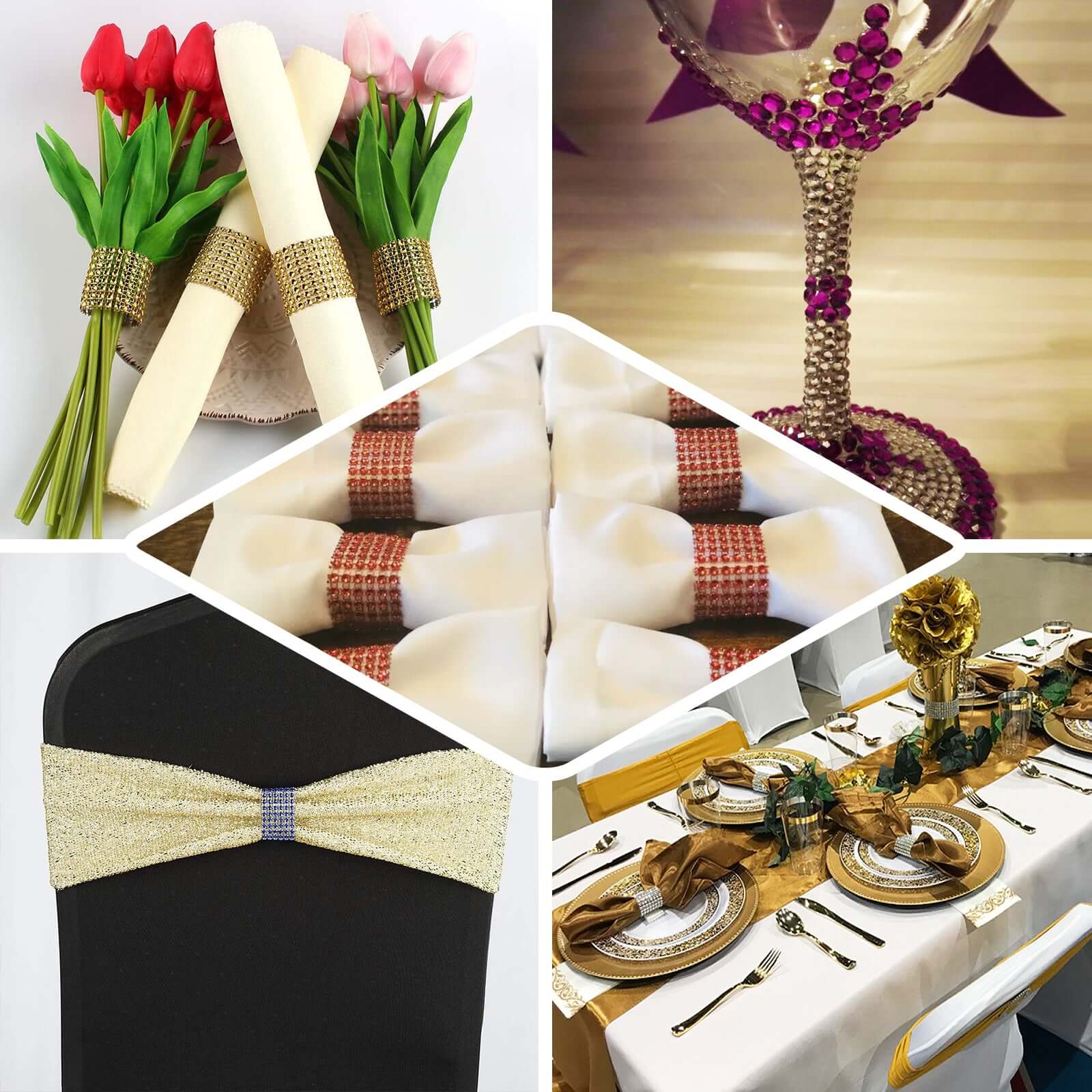 10 Pack Diamond Rhinestone Napkin Rings Antique Gold - Velcro Brooch Buckle for Chair Sashes - Image 4