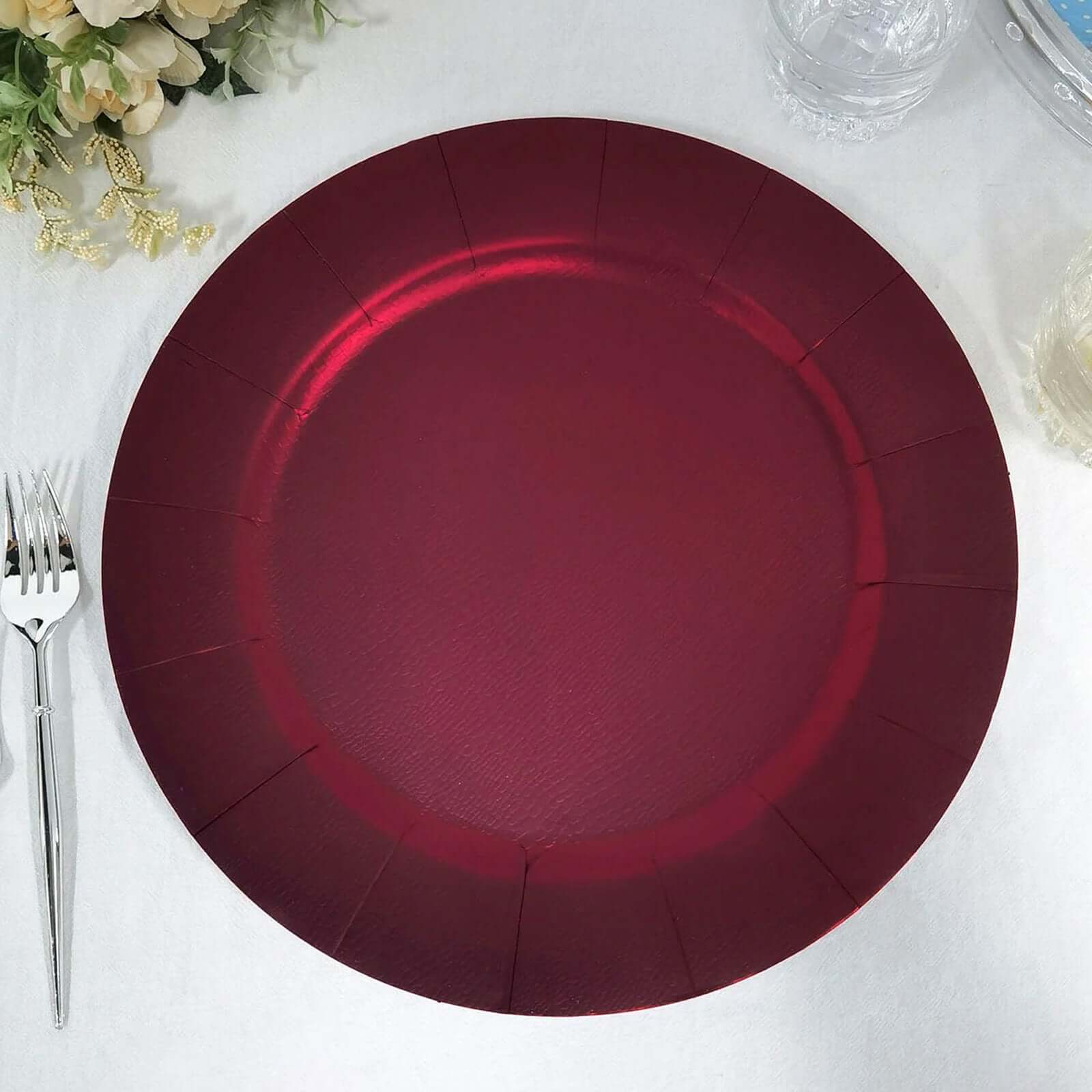 10-Pack Disposable Round Charger Plates 13" Burgundy with Leathery Texture - 1100GSM Sturdy Cardboard Placemats