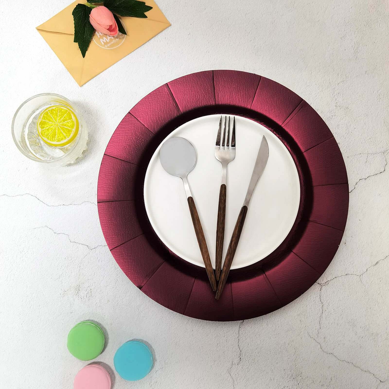 10-Pack Disposable Round Charger Plates 13" Burgundy with Leathery Texture - 1100GSM Sturdy Cardboard Placemats - Image 10
