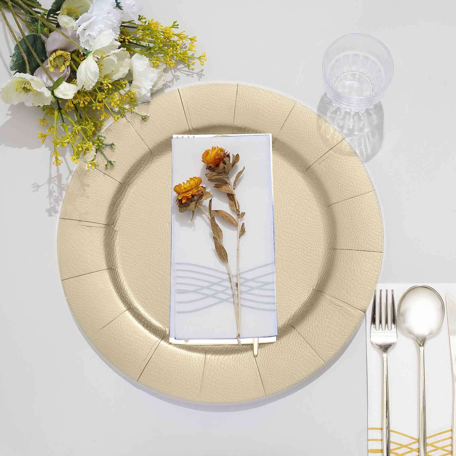 10-Pack Disposable Round Charger Plates 13" Champagne with Leathery Texture - 1100GSM Sturdy Cardboard Placemats - Image 10