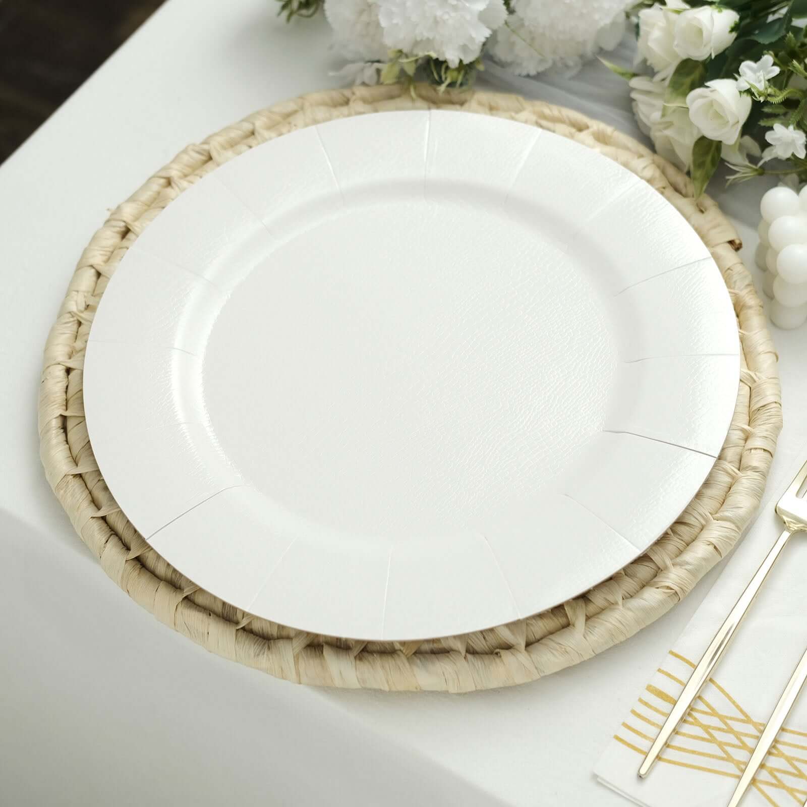 10-Pack Disposable Round Charger Plates 13" White with Leathery Texture - 1100GSM Sturdy Cardboard Placemats for Weddings & Special Occasions - Image 10
