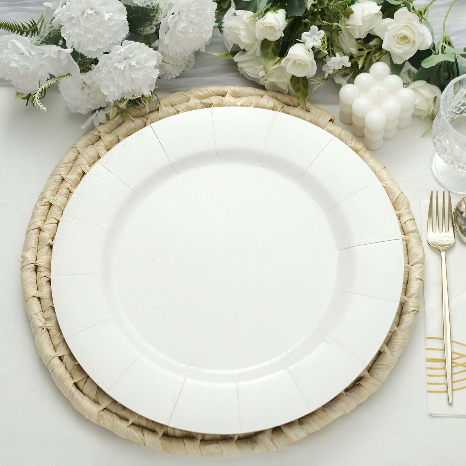 10-Pack Disposable Round Charger Plates 13" White with Leathery Texture - 1100GSM Sturdy Cardboard Placemats for Weddings & Special Occasions - Image 11