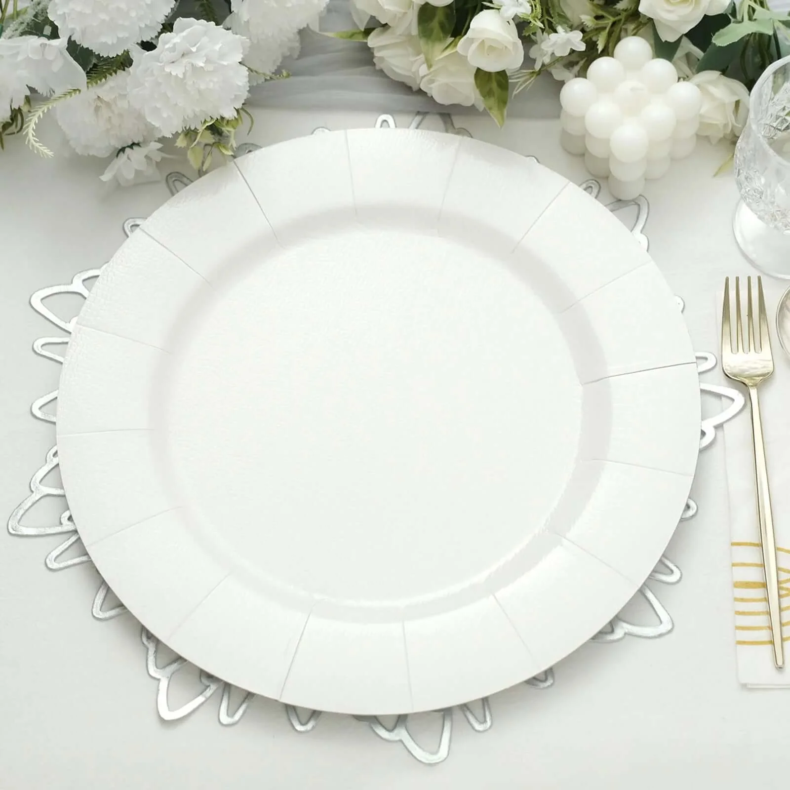 10-Pack Disposable Round Charger Plates 13" White with Leathery Texture - 1100GSM Sturdy Cardboard Placemats for Weddings & Special Occasions - Image 6