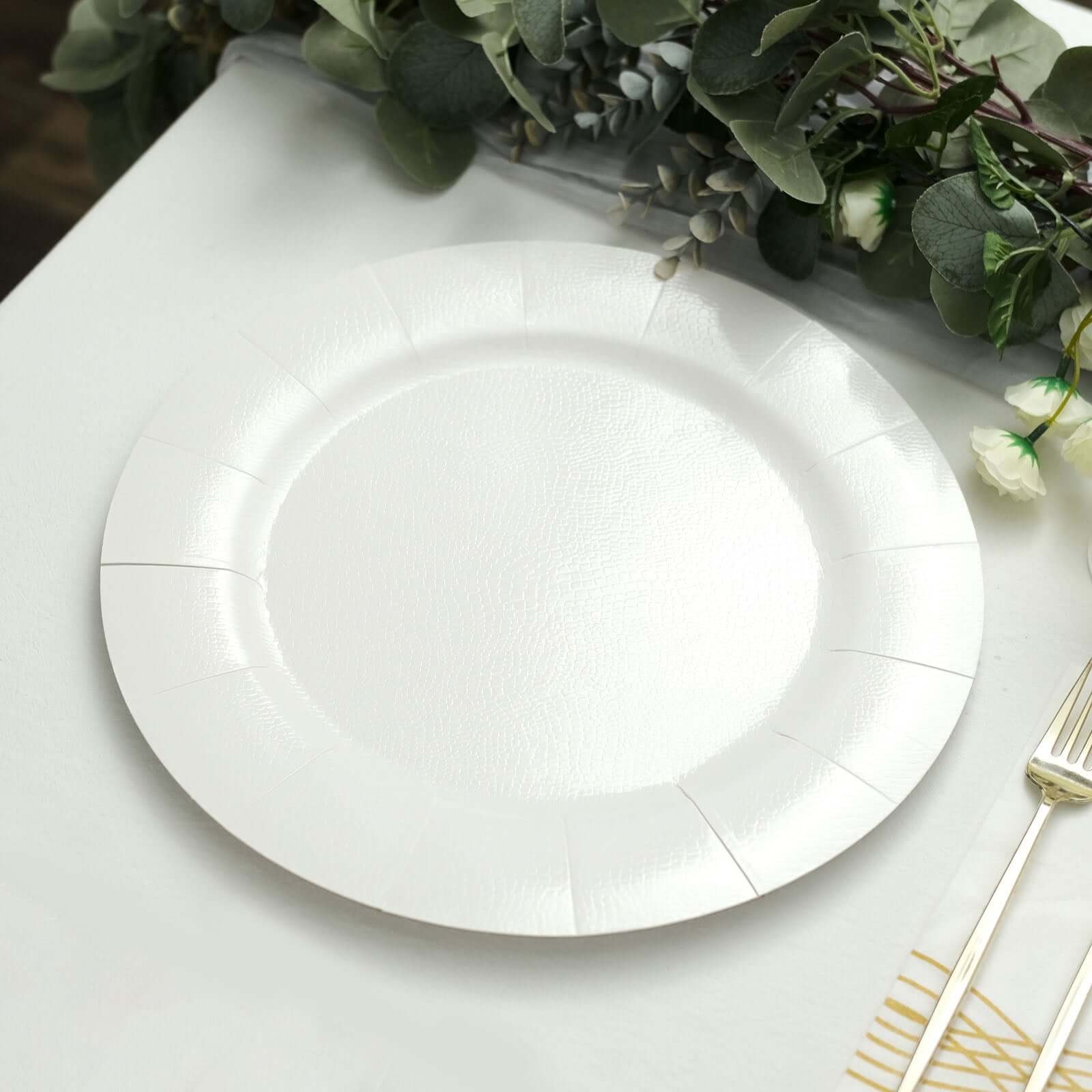 10-Pack Disposable Round Charger Plates 13" White with Leathery Texture - 1100GSM Sturdy Cardboard Placemats for Weddings & Special Occasions - Image 9