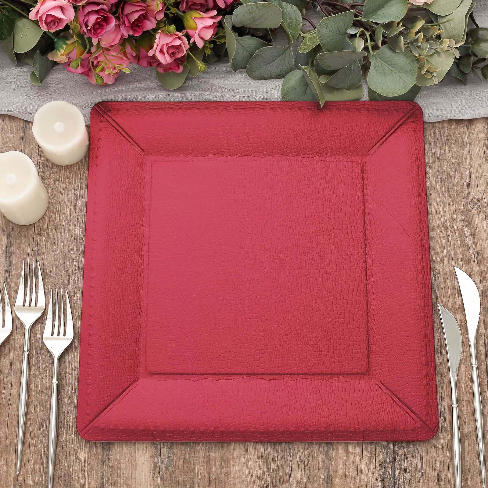 10-Pack Disposable Square Charger Plates 13" Burgundy with Leather Like Texture - 1100GSM Sturdy Paper Chargers