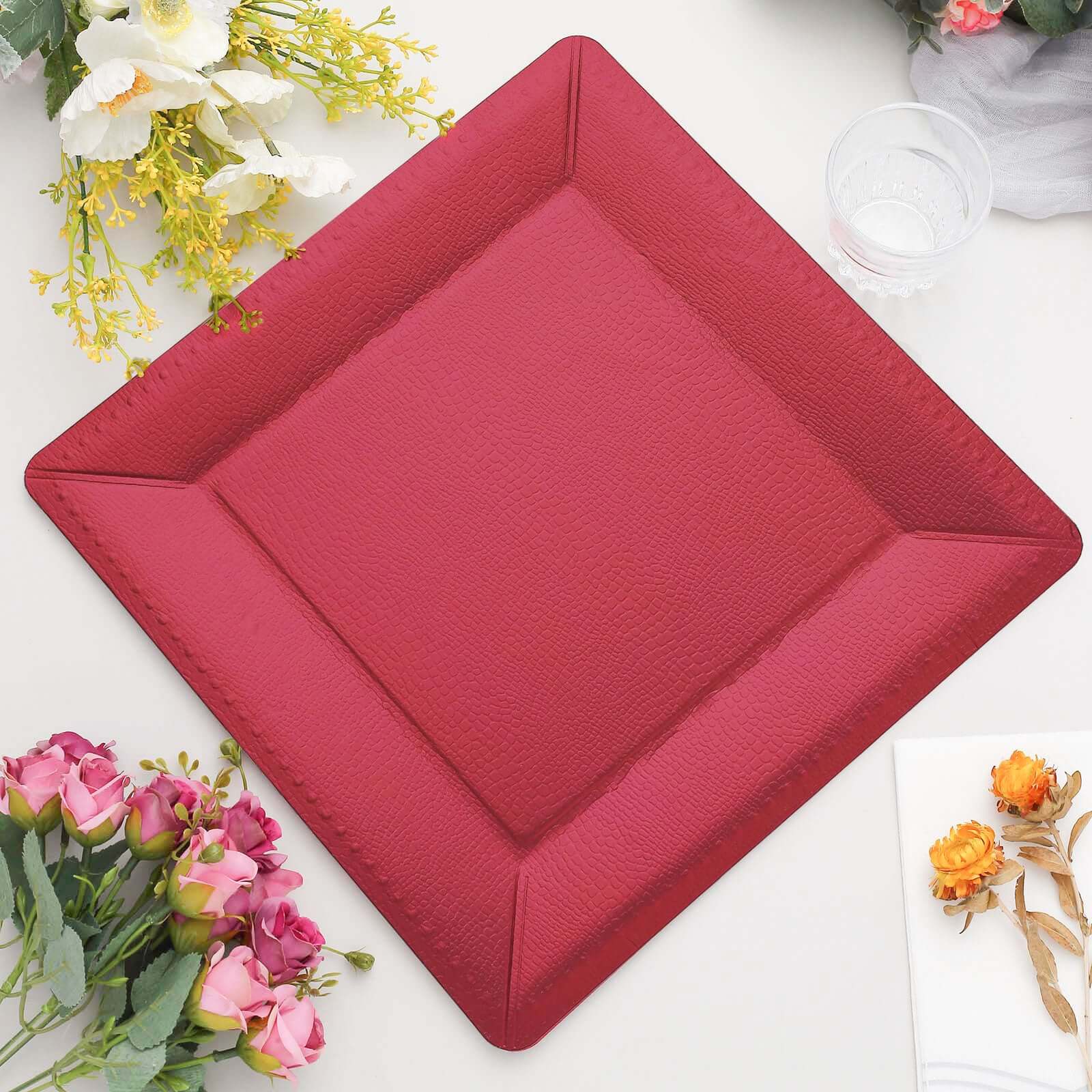 10-Pack Disposable Square Charger Plates 13" Burgundy with Leather Like Texture - 1100GSM Sturdy Paper Chargers - Image 12