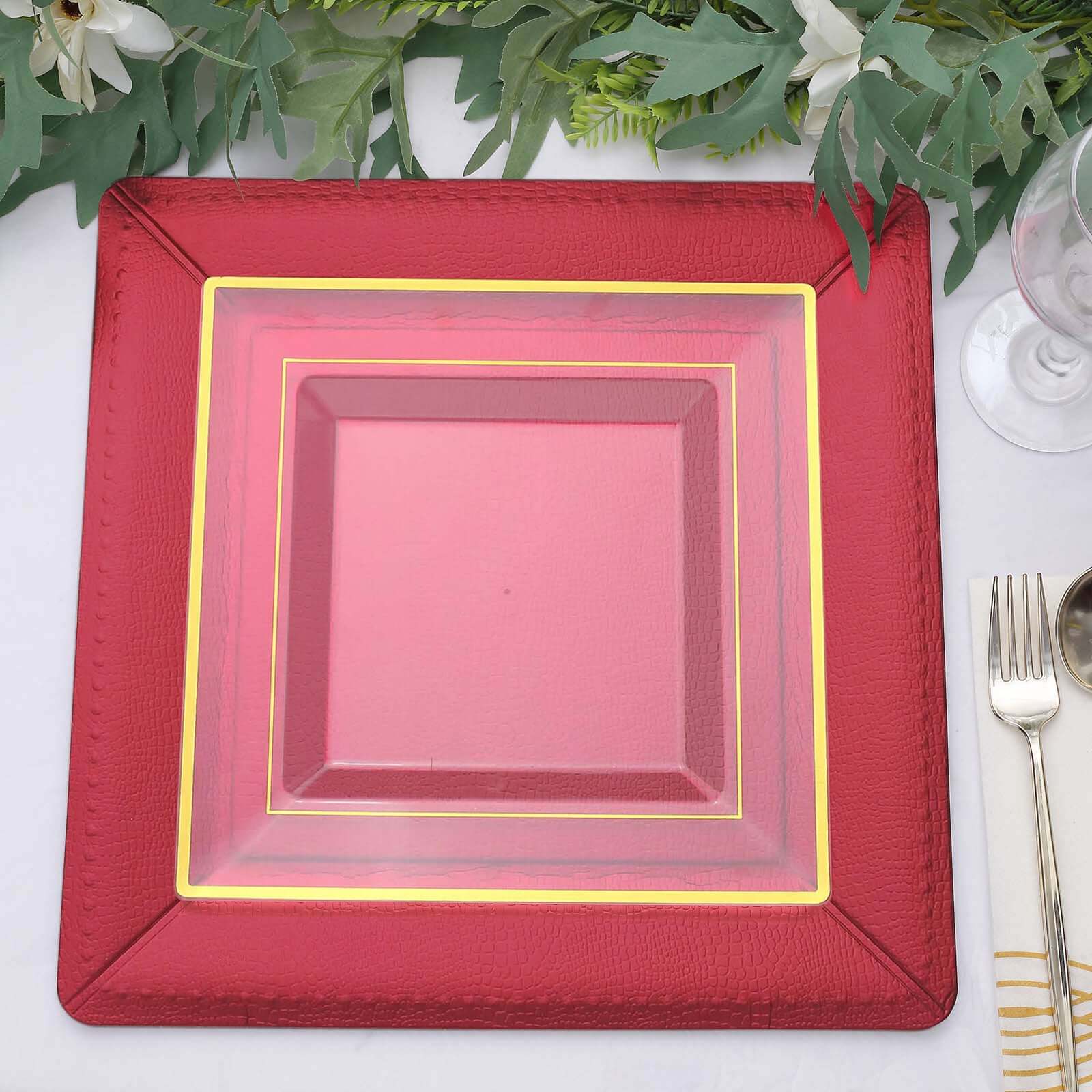 10-Pack Disposable Square Charger Plates 13" Burgundy with Leather Like Texture - 1100GSM Sturdy Paper Chargers - Image 9