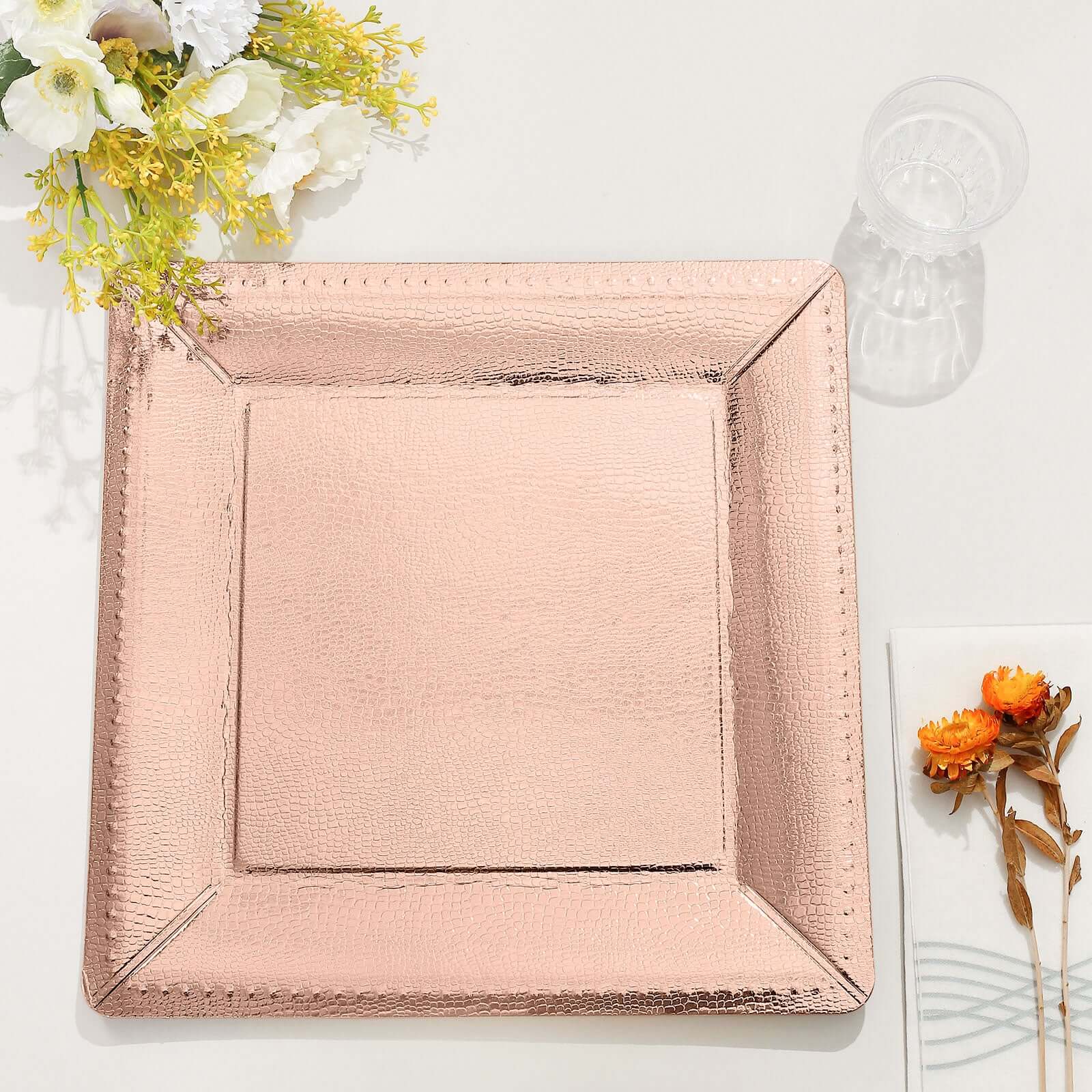 10-Pack Disposable Square Charger Plates 13" Rose Gold with Leather Like Texture - 1100GSM Sturdy Paper Chargers - Image 10
