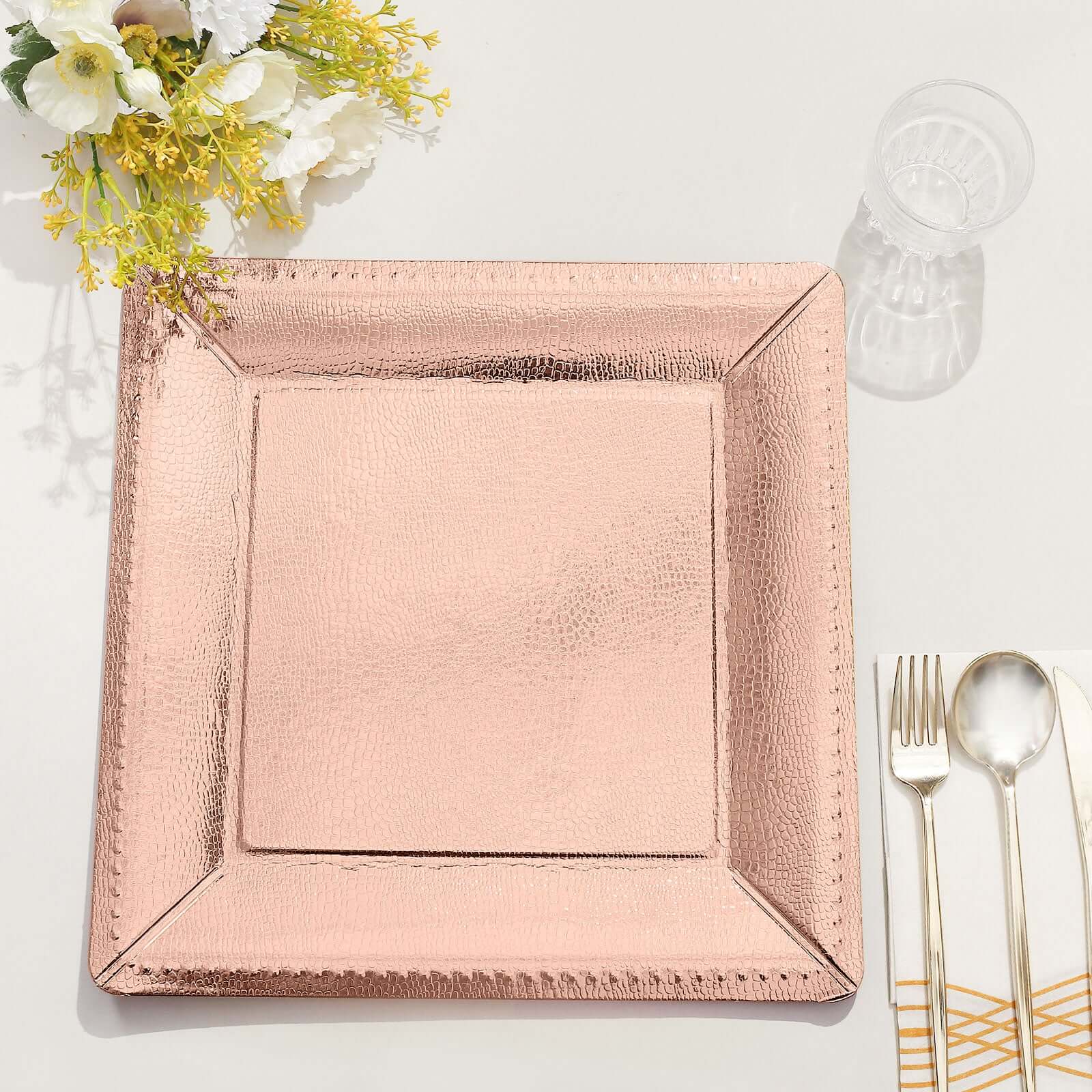 10-Pack Disposable Square Charger Plates 13" Rose Gold with Leather Like Texture - 1100GSM Sturdy Paper Chargers - Image 11