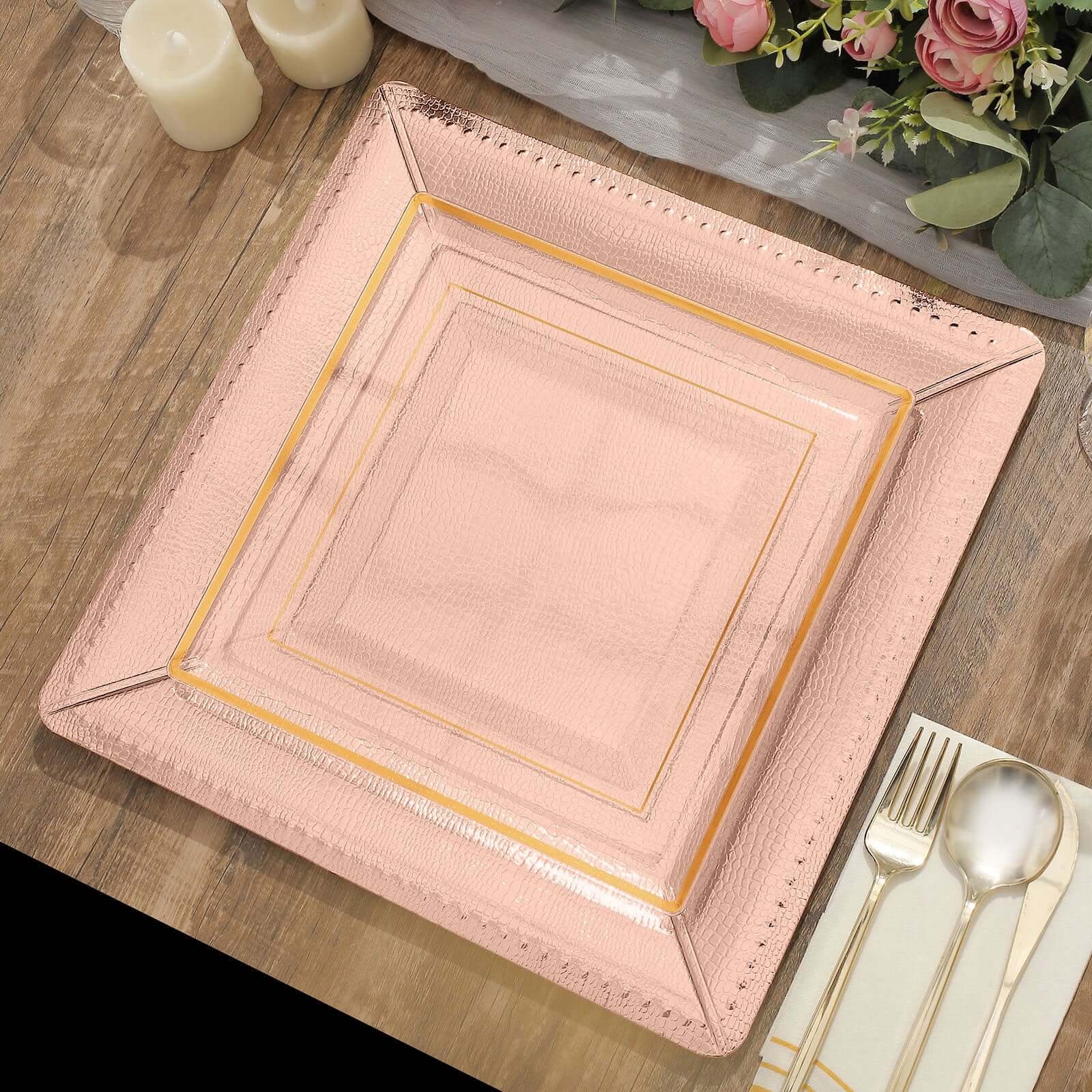 10-Pack Disposable Square Charger Plates 13" Rose Gold with Leather Like Texture - 1100GSM Sturdy Paper Chargers - Image 12