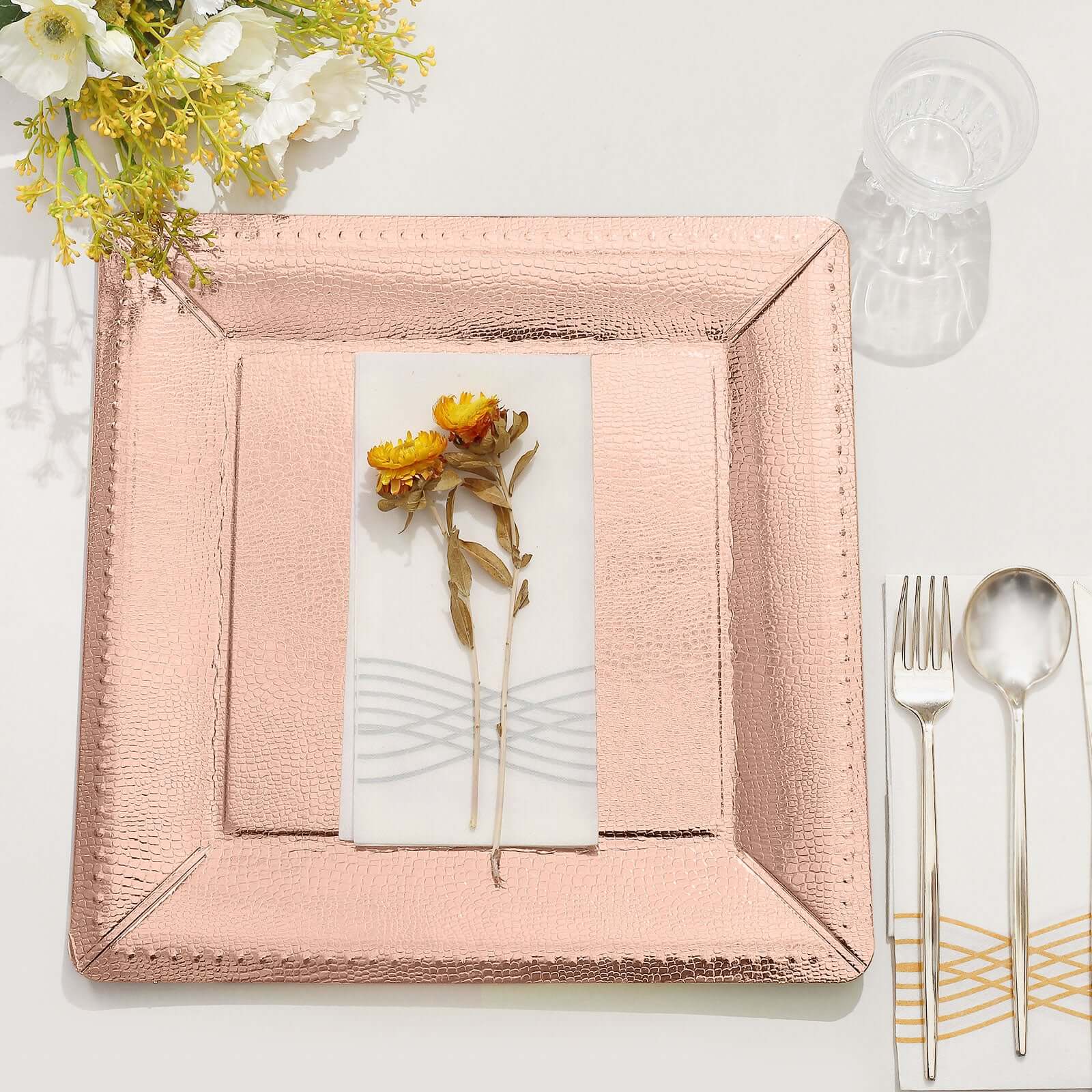10-Pack Disposable Square Charger Plates 13" Rose Gold with Leather Like Texture - 1100GSM Sturdy Paper Chargers - Image 2